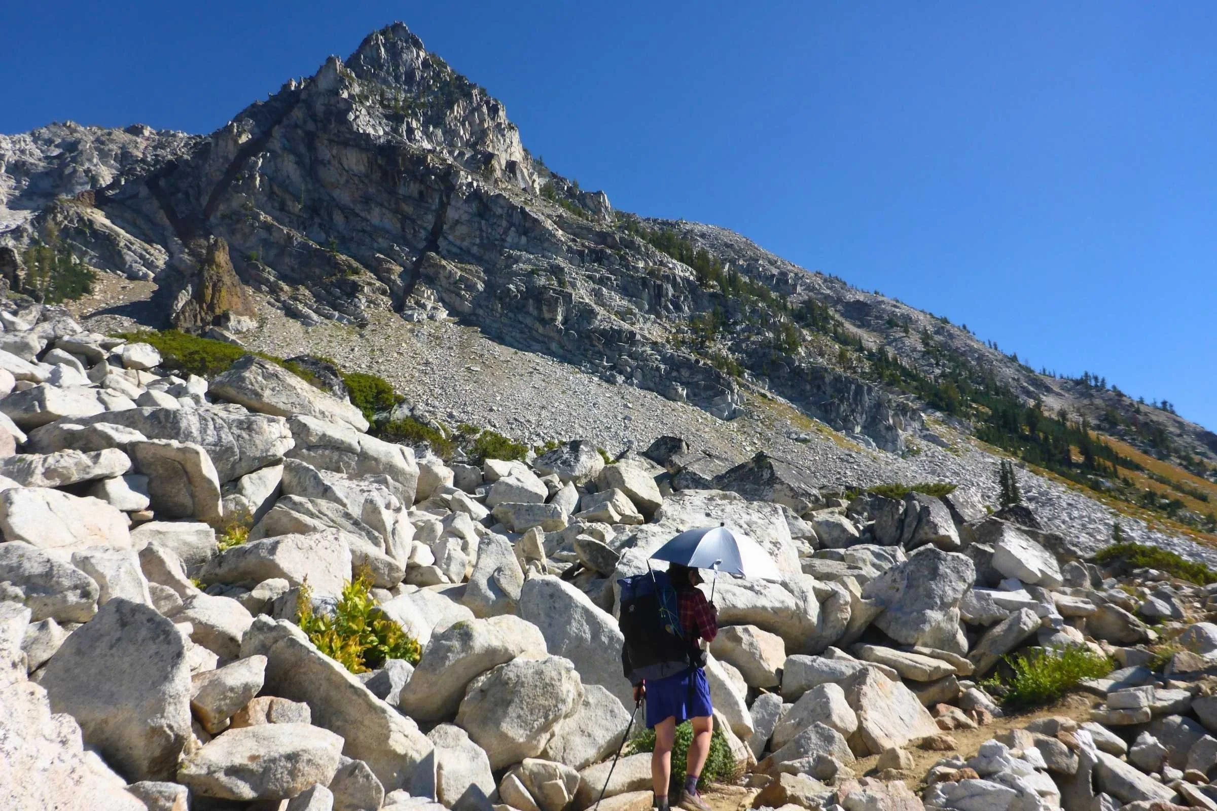   Hiking in the sun using the SMD Silver Carbon hiking umbrella for protection and shade  