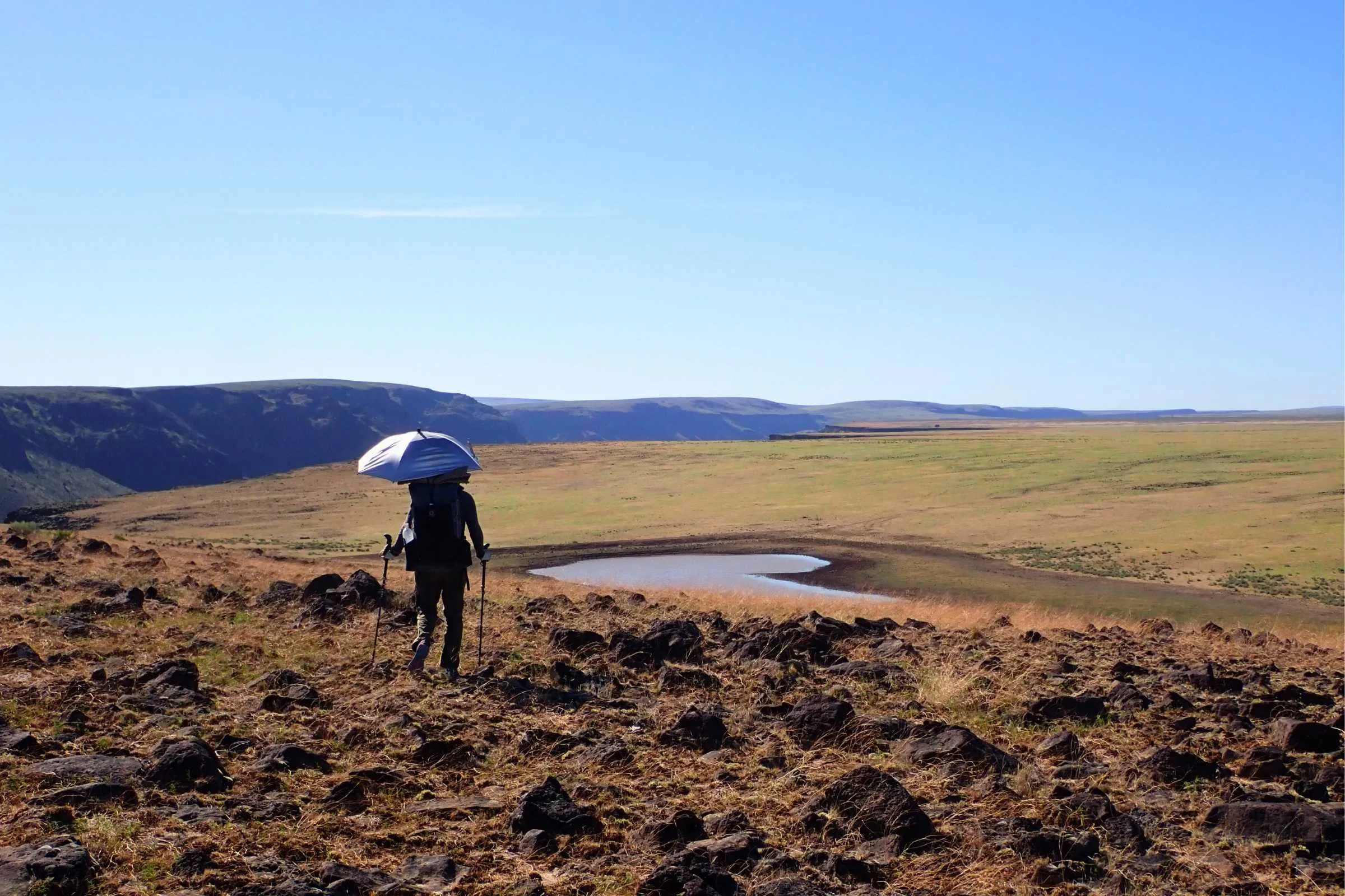   Hiker with the SMD Silver Shadow umbrella  