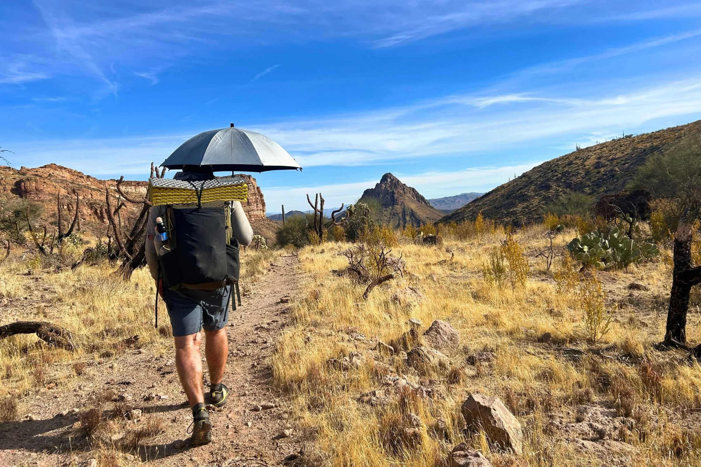   Hiker with the SMD Silver Shadow umbrella viewed from the back.  