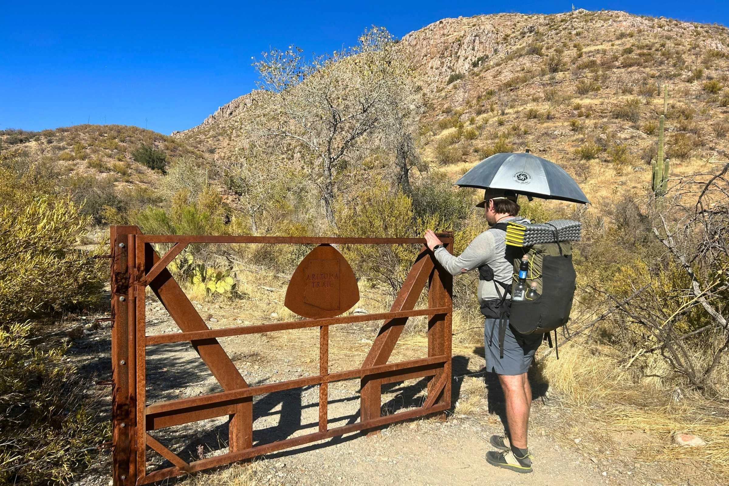   Testing the SMD Silver Carbon hiking umbrella on the Arizona Trail.   Photo by Kate Hoch.  