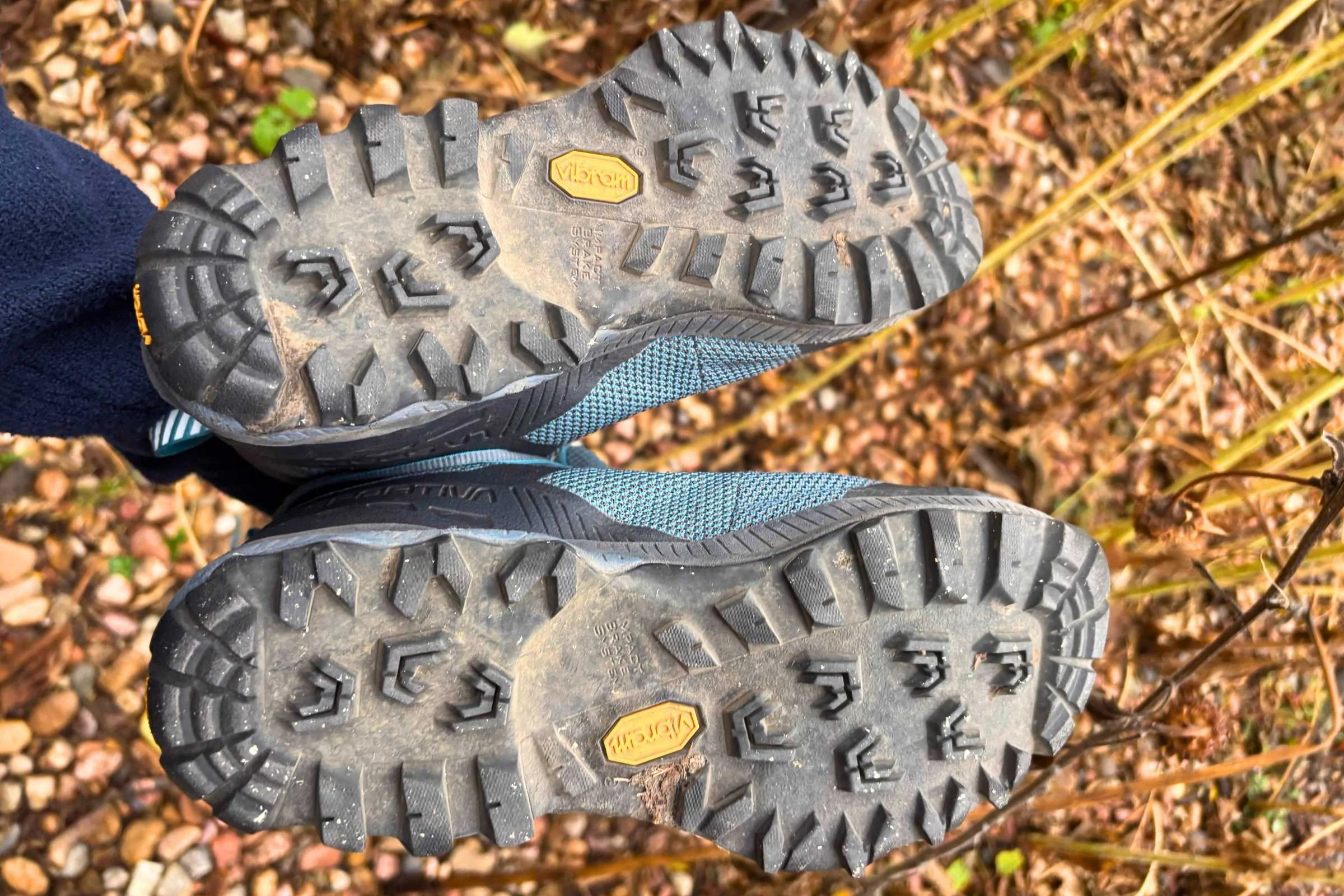   The outsole of the La Sportiva TX Hike Mid GTX hiking boots showing the lug pattern and traction  