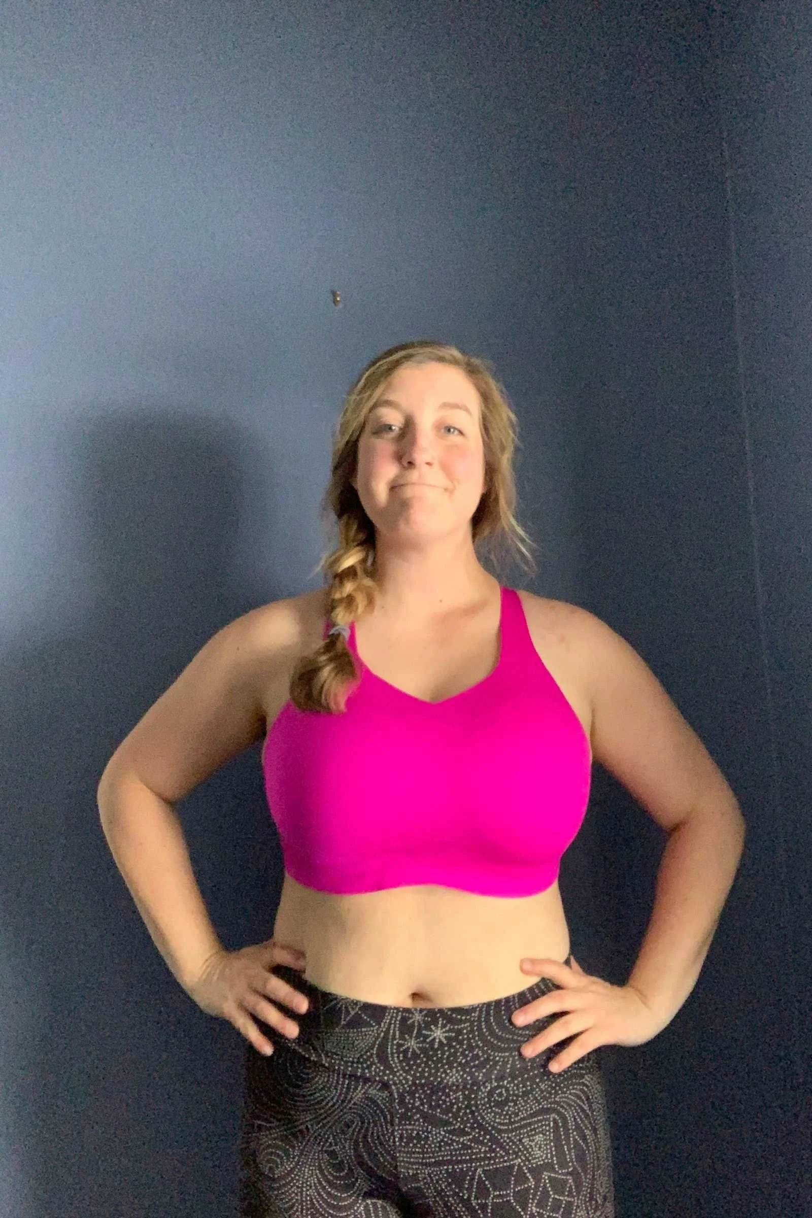   Front view of the Brooks Dare Underwire Run Bra showing full cup coverage, neckline fit, and underband support.  