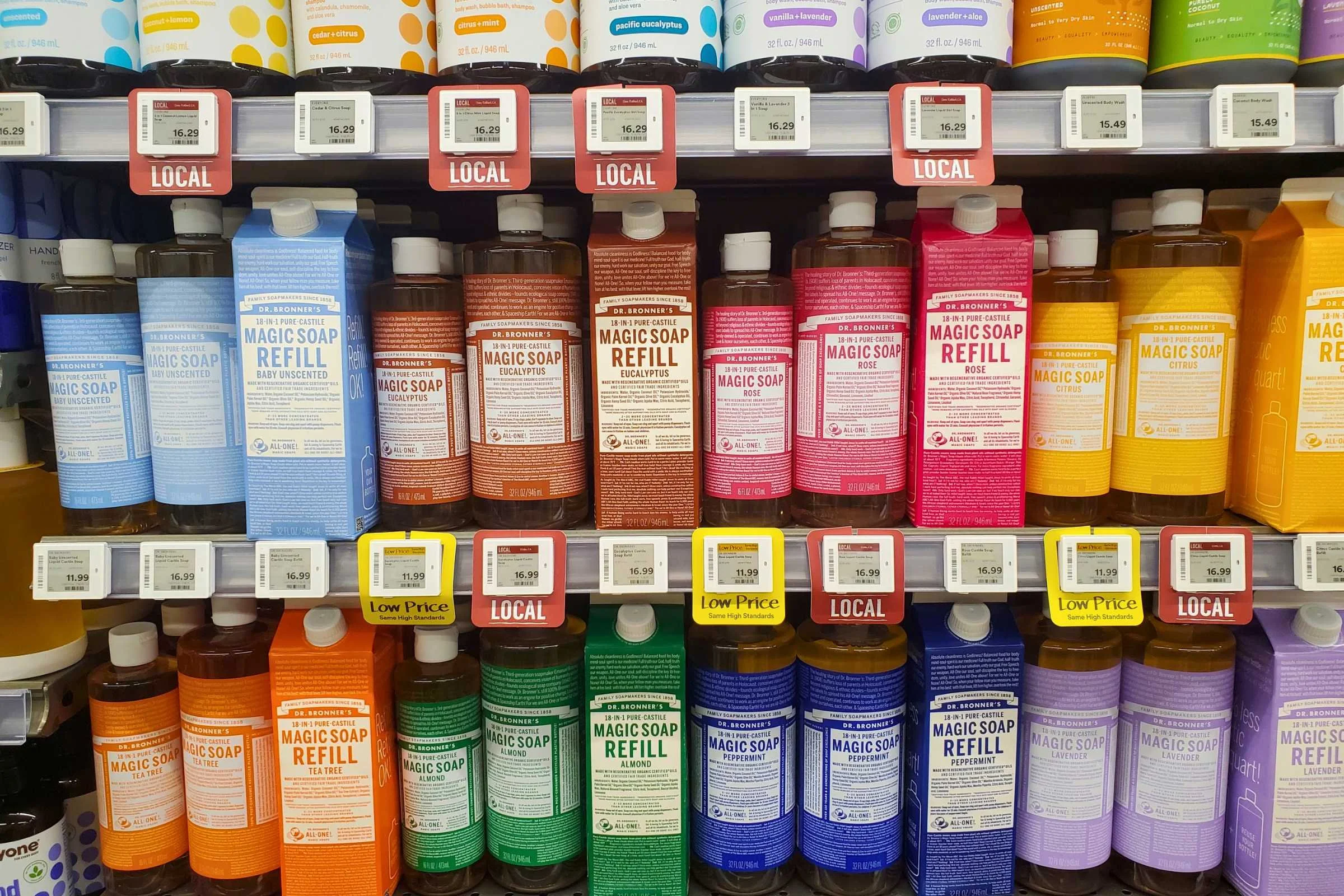  We appreciate that Dr. Bronner’s liquid soap comes in a variety of scents and sizes, and is available at many in-person stores.  