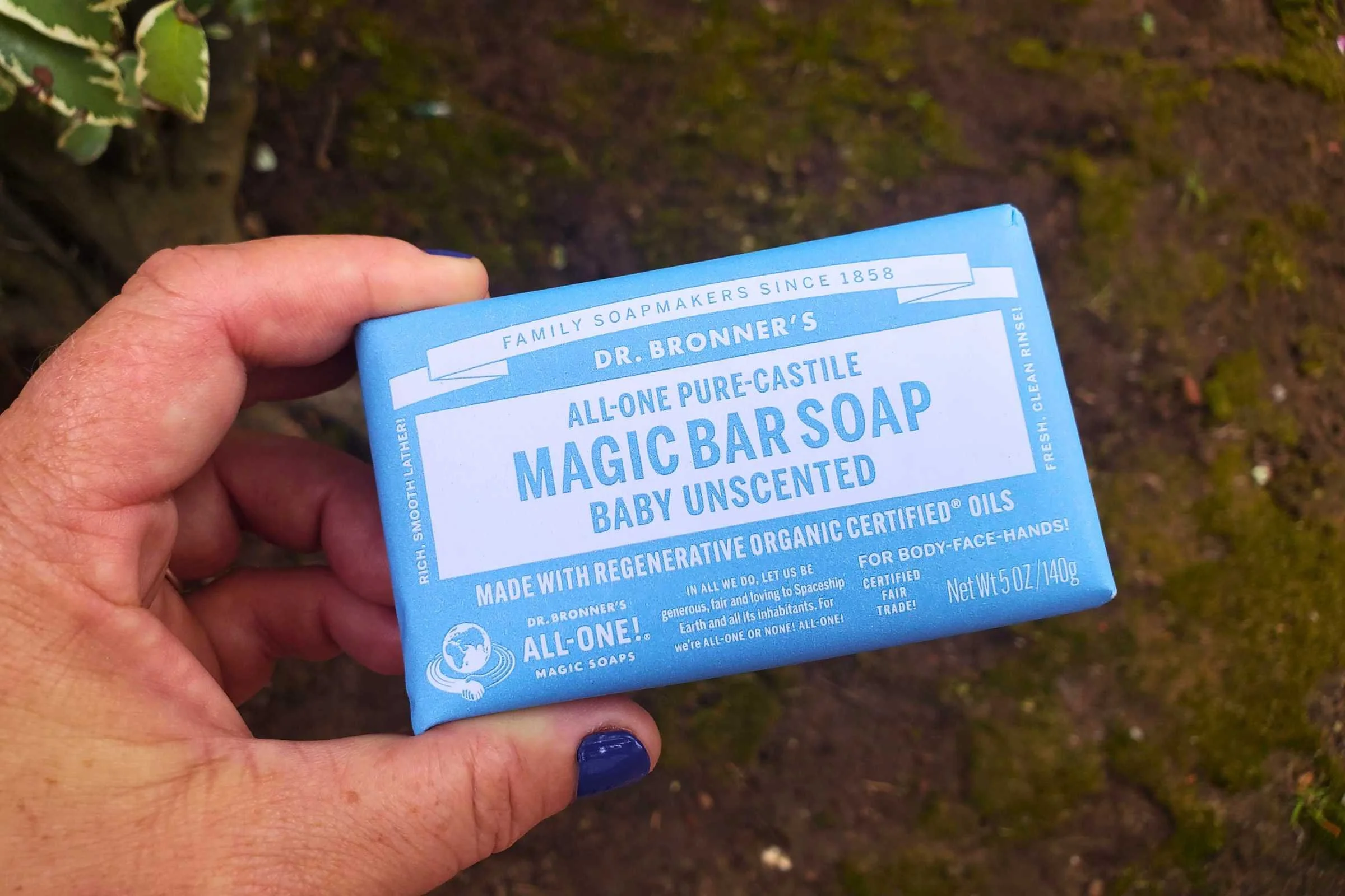   Our favorite affordable soap for camping is Dr. Bronner’s Pure-Castile Magic Bar Soap, ideally the “Baby Unscented” variety.  