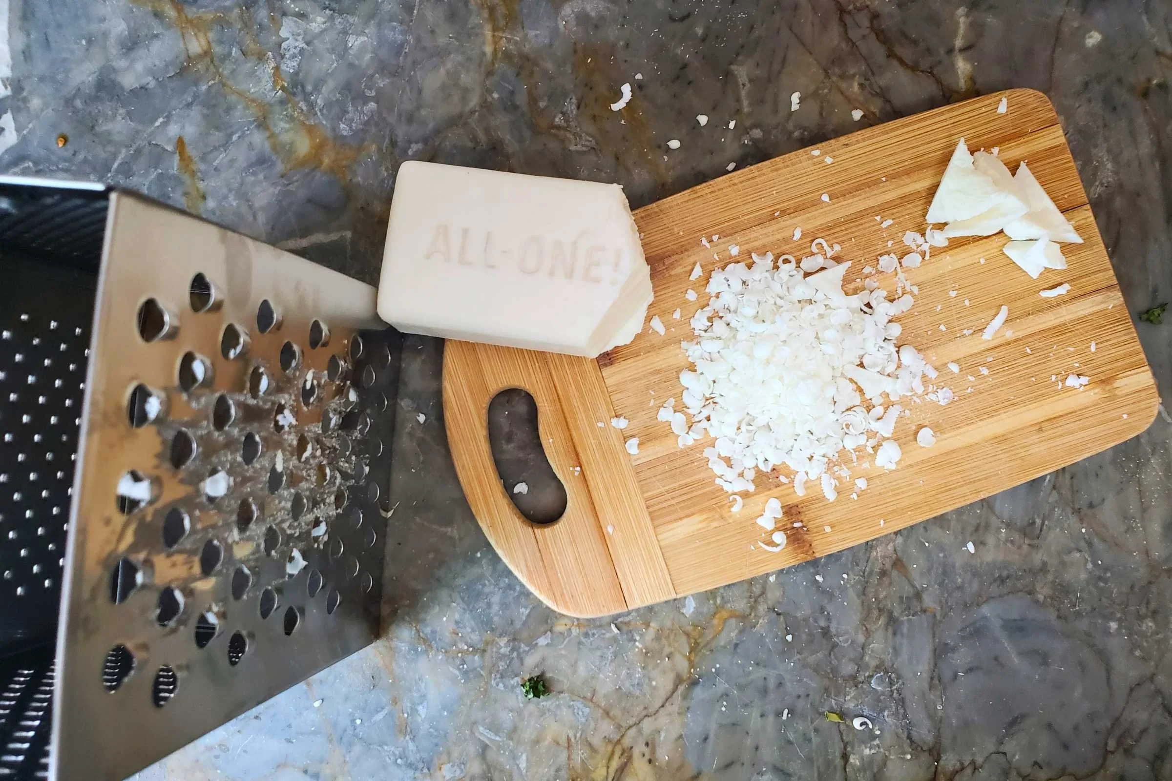   Dr. Bronner’s bar soap can be grated or cut into chunks for easier and more lightweight transport. Do not leave this on the counter, where someone may mistake it for cheese.  