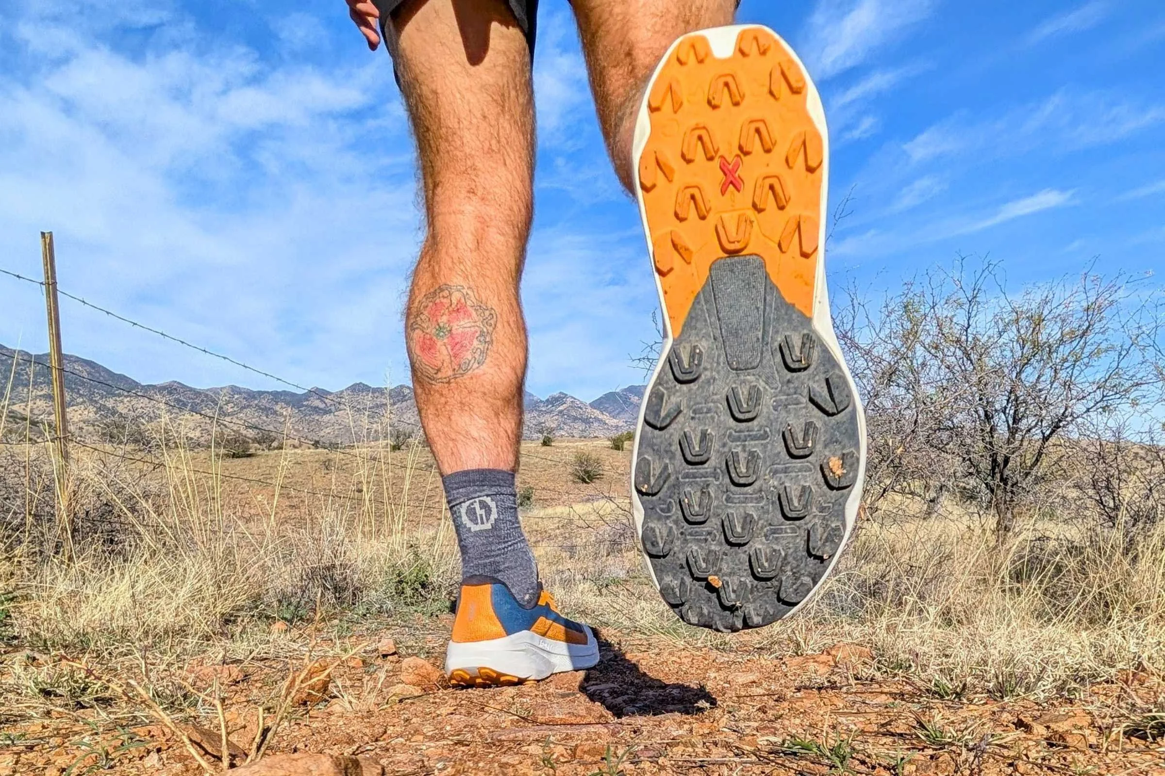   Close-up outsole view of the La Sportiva Prodigio 2 trail running shoe showing the lug pattern and tread.  