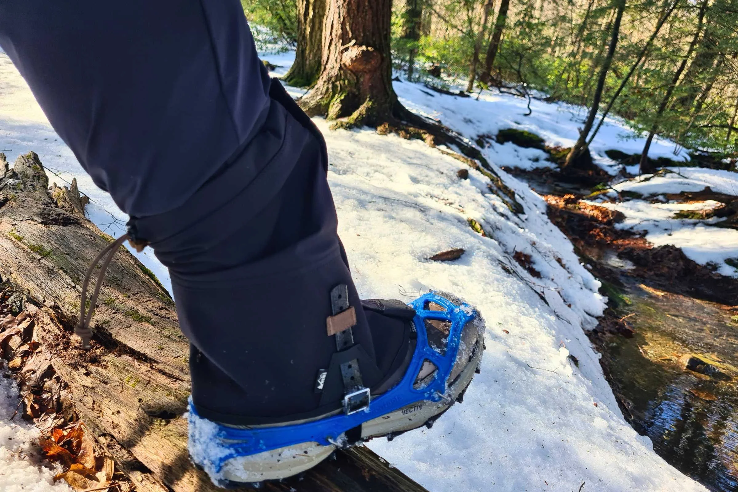   REI Sahara gaiters are a great mid-length gaiter for shoulder season and winter hiking when traction protection is needed but a full-length gaiter isn’t required.  Photo by Aubri Drake.   