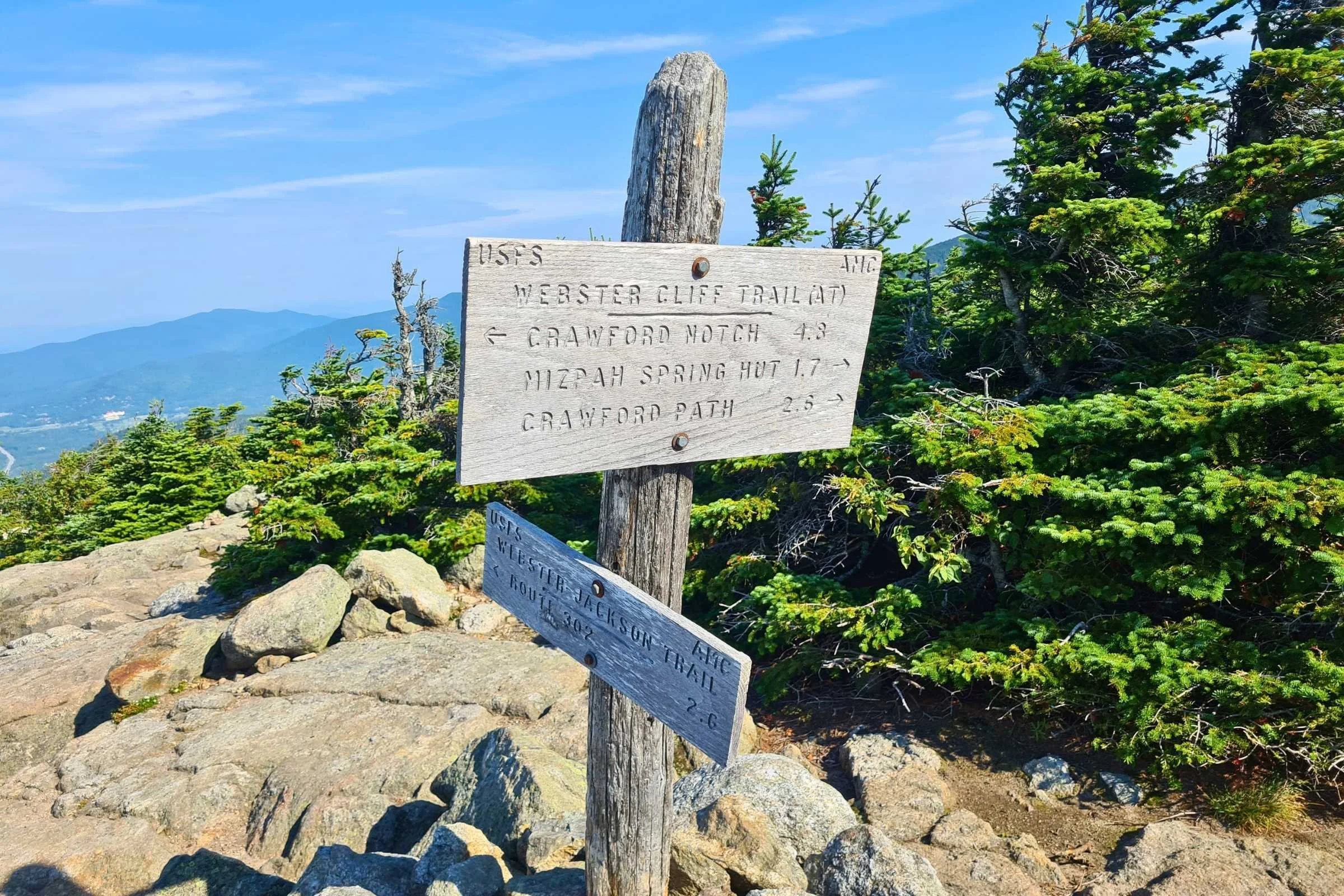   Trail sign marking a junction atop Mt. Jackson along the Presidential Traverse Trail in the White Mountains.  