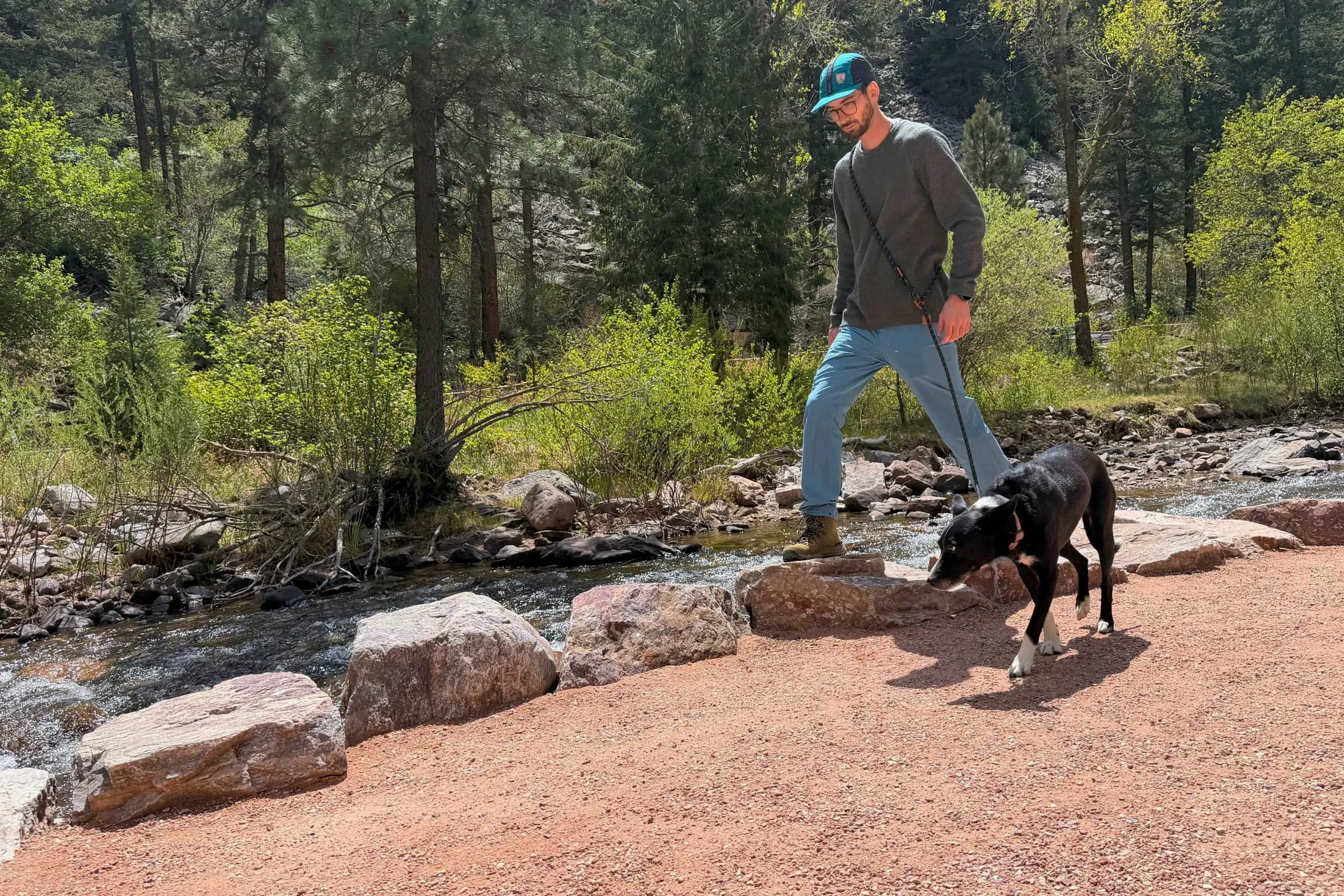   Cross body dog leash worn across torso  