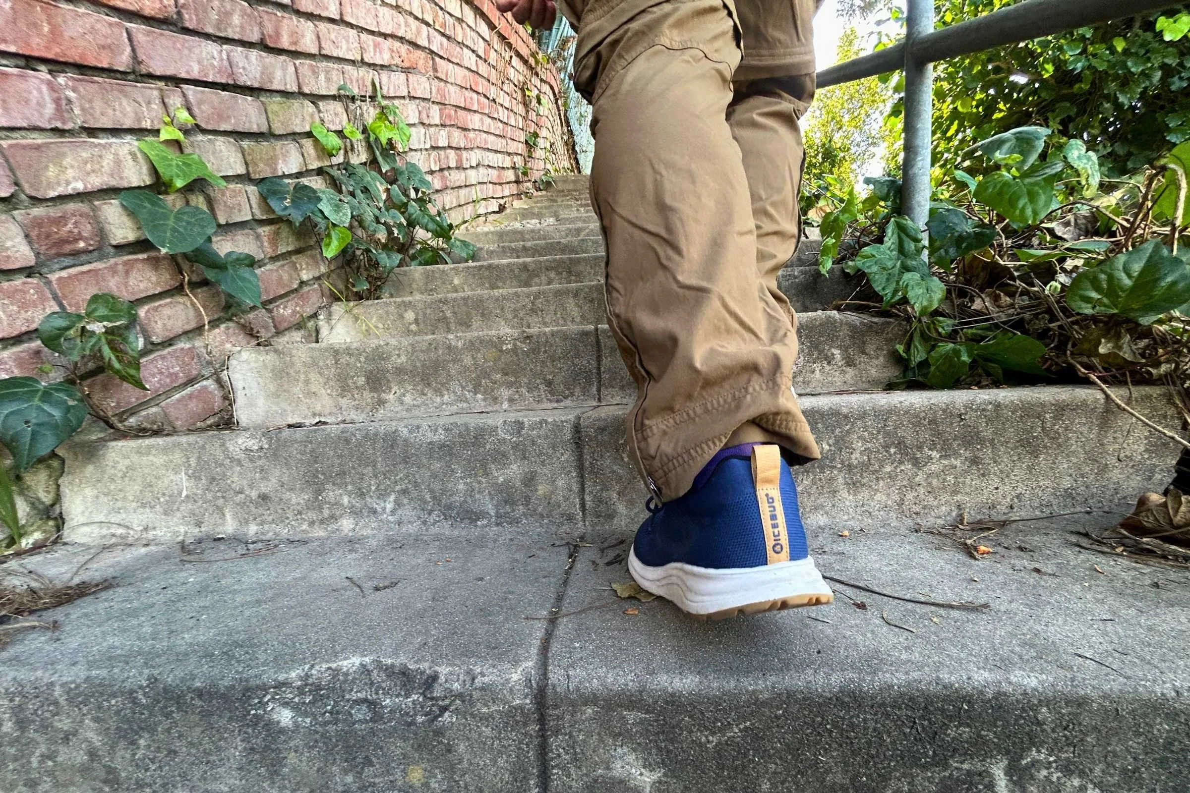   Walking up stone steps in the Icebug Mosi RB9X walking shoes  