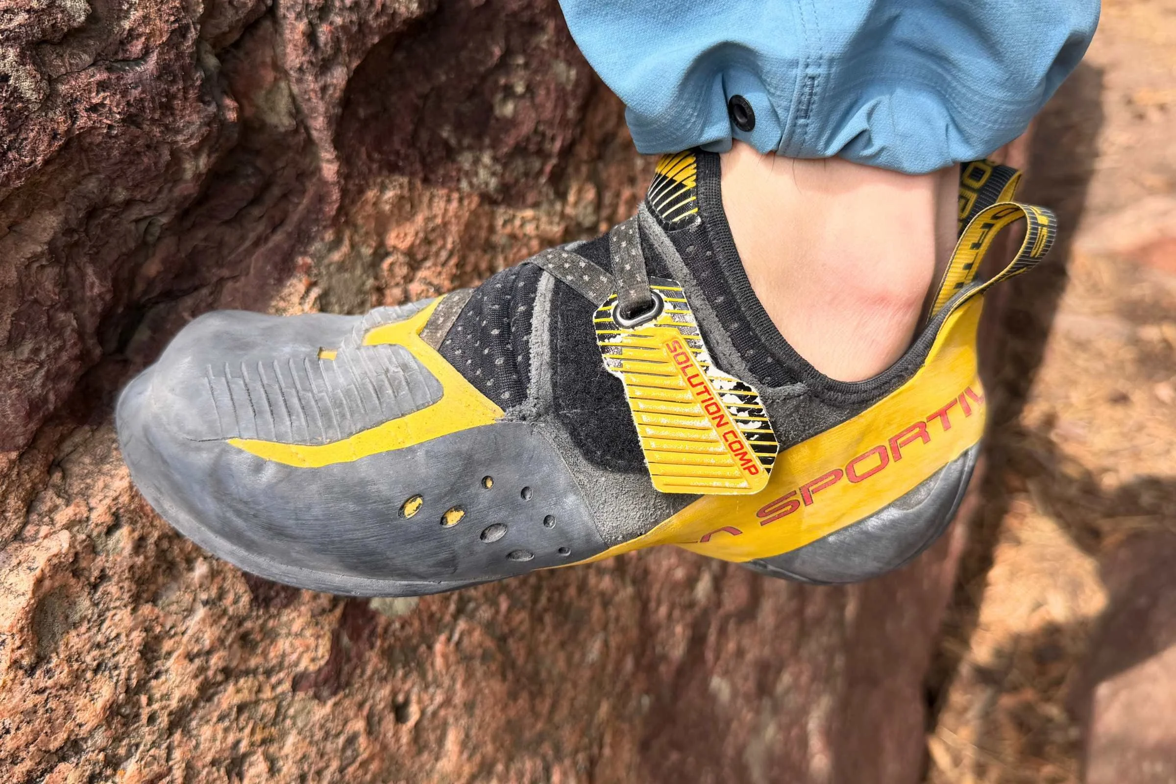   The La Sportiva Solution Comps have elongated toes that make climbing feel great.  