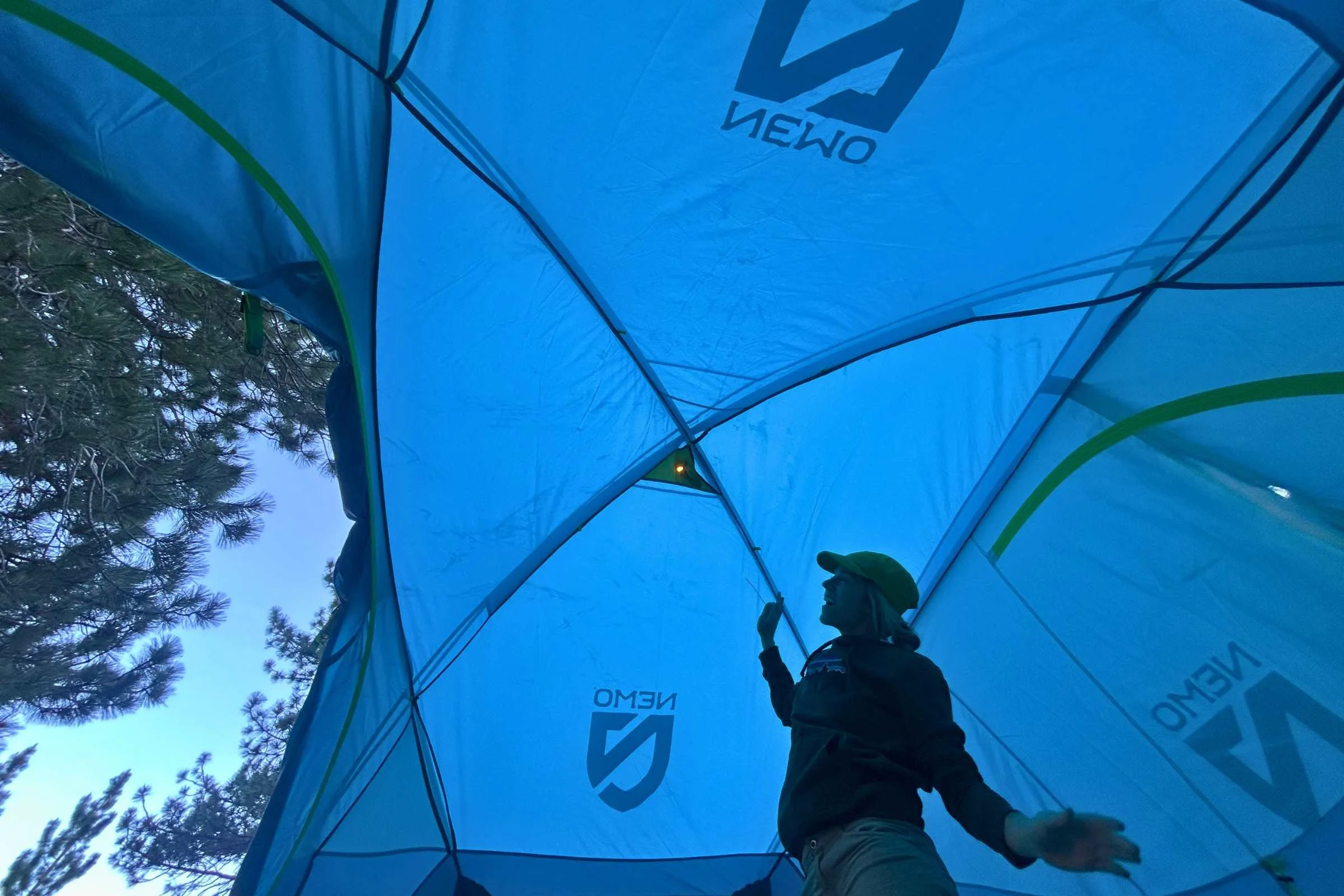   Interior view of NEMO Aurora Highrise camping tent showing tall ceiling and spacious standing room  