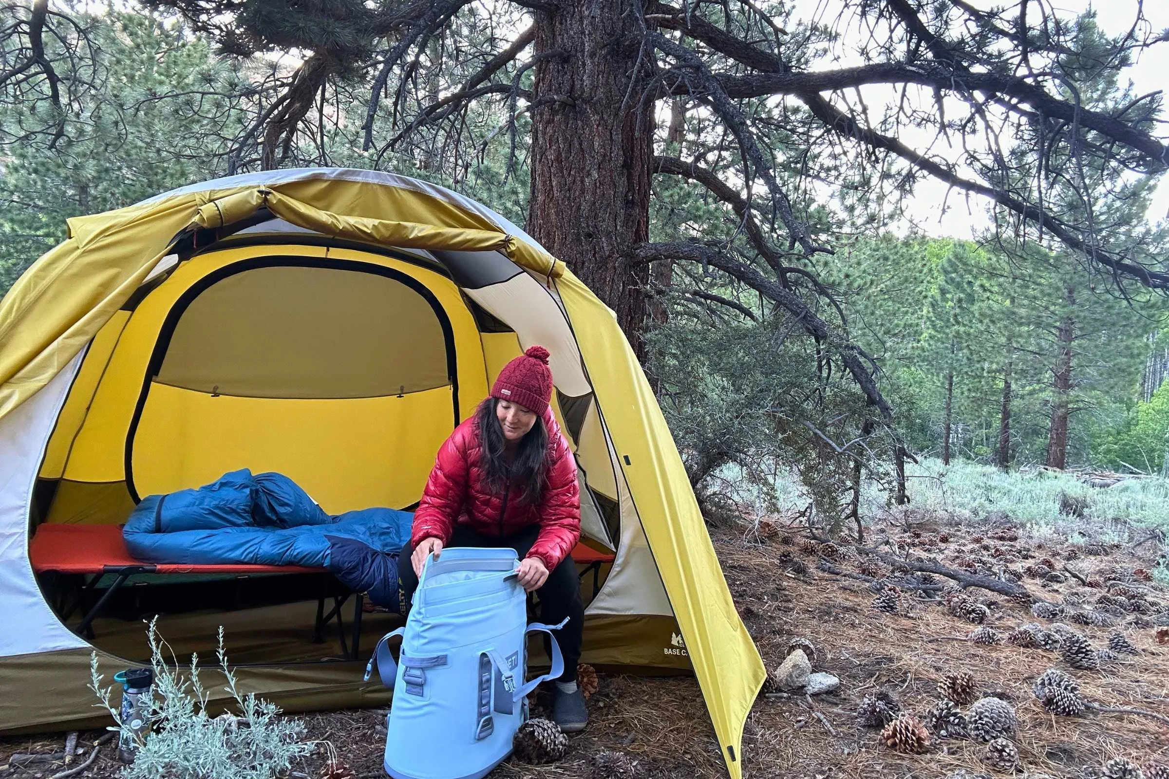  Camper setting up gear in the doorway of the REI Base Camp 6 tent at forest campsite  
