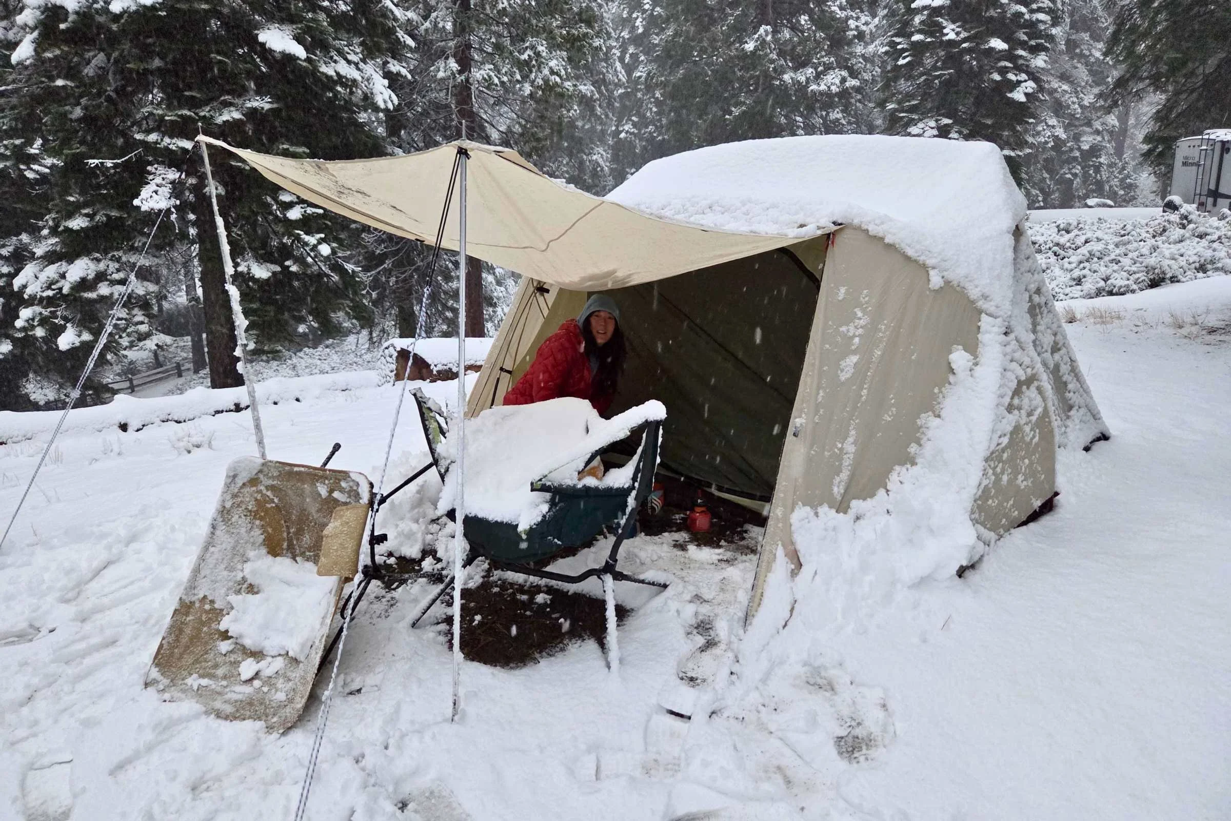   Snow Peak Alpha Breeze camping tent set up in heavy snow during winter storm camping test  