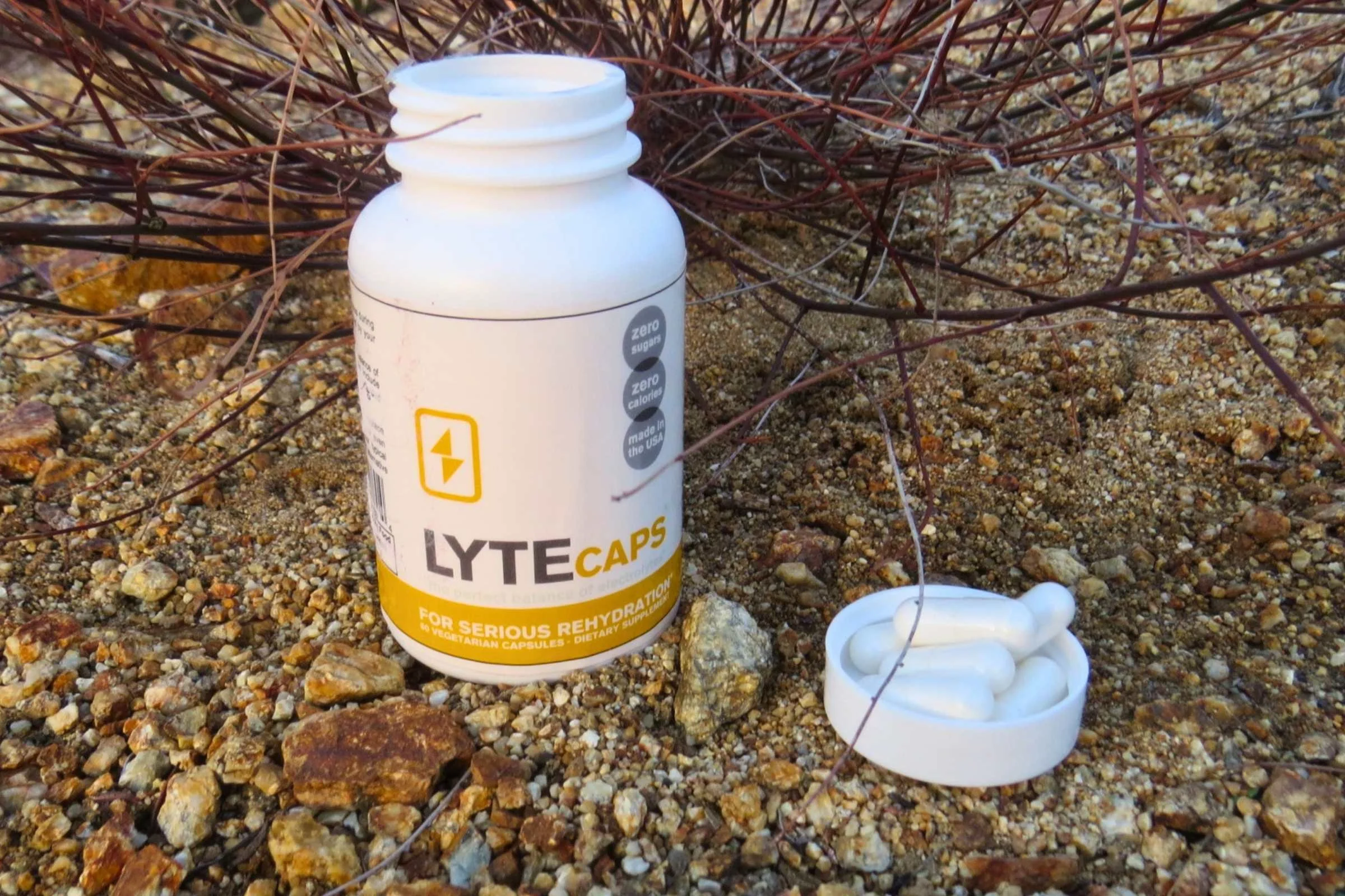   The LyteLine LyteCaps hydration caps are flavorless and easy to take. Here, we tested them in the desert just north of the California-Mexico border at Cuyamaca State Park in capsule form.   Photo by Liz Thomas.  