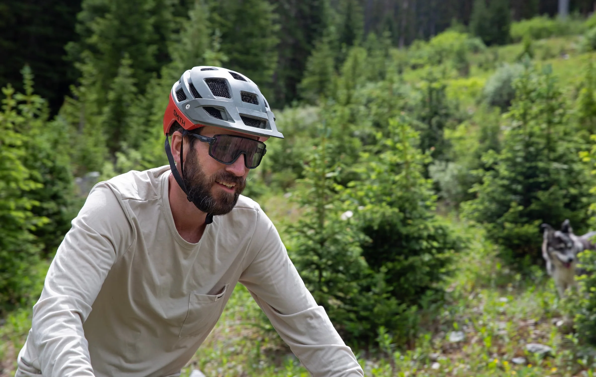  Male mountain biker riding in the Smith Wildcat sunglasses  