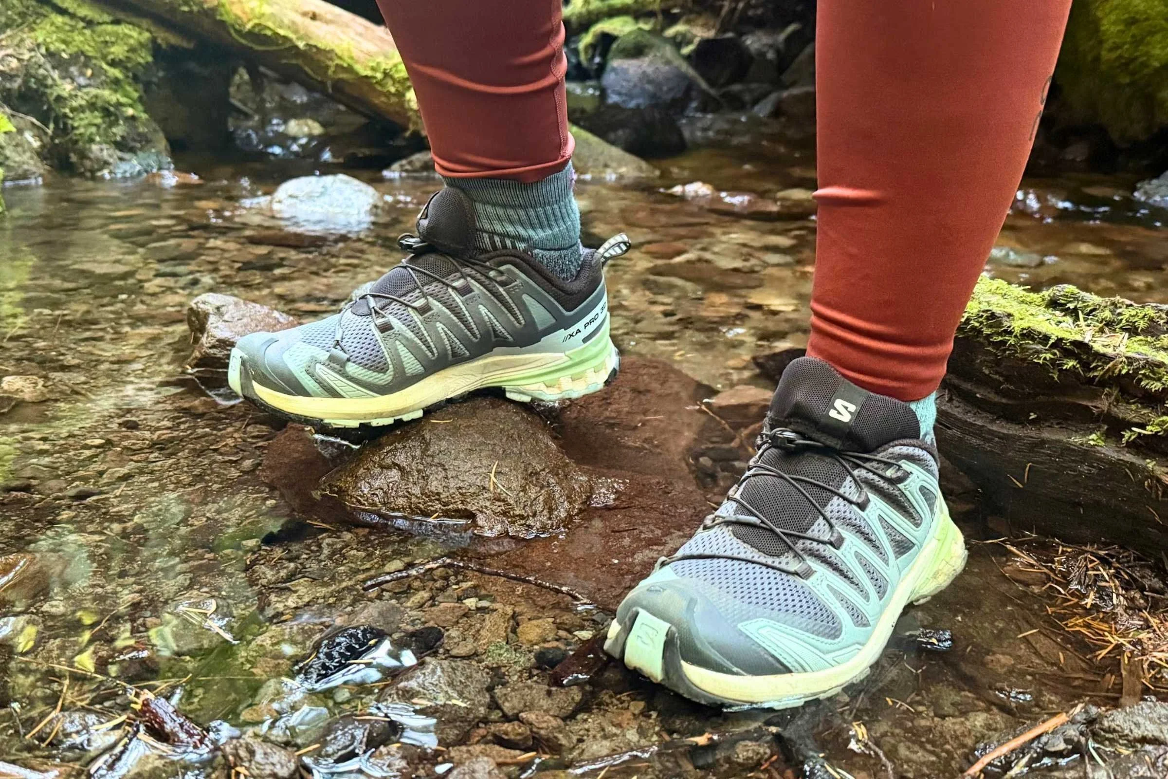   Salomon XA Pro 3D V9 GORE-TEX trail running shoes during stream crossing  