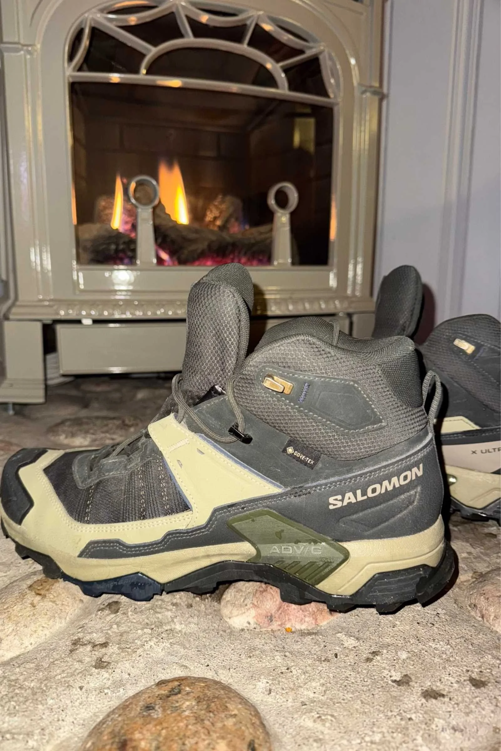   Salomon Quest 4 GTX   hiking boots by the fire  