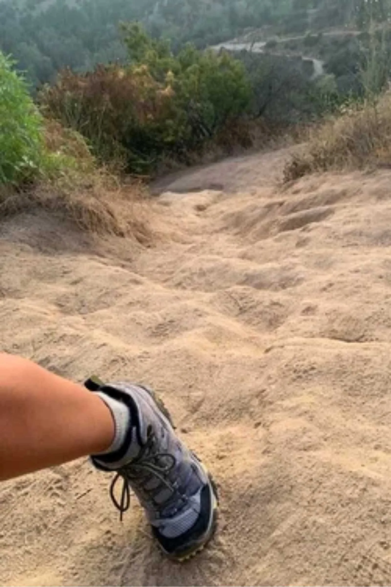   We tested the Merrell Moab on steep, sandy trail.&nbsp;  Photo courtesy Nicole Snell.  