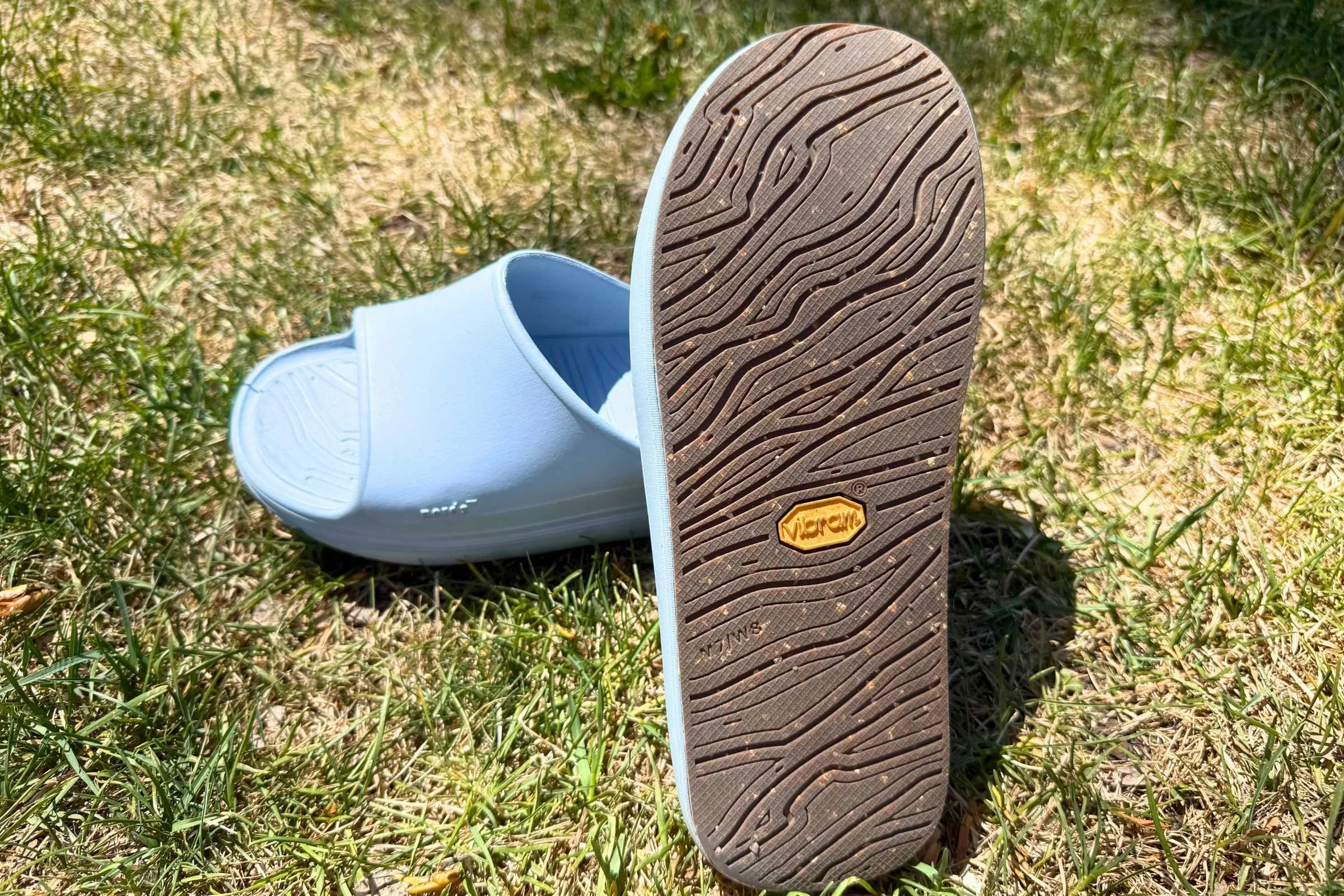   Vibram outsole of norda 008 recovery slide showing tread pattern  