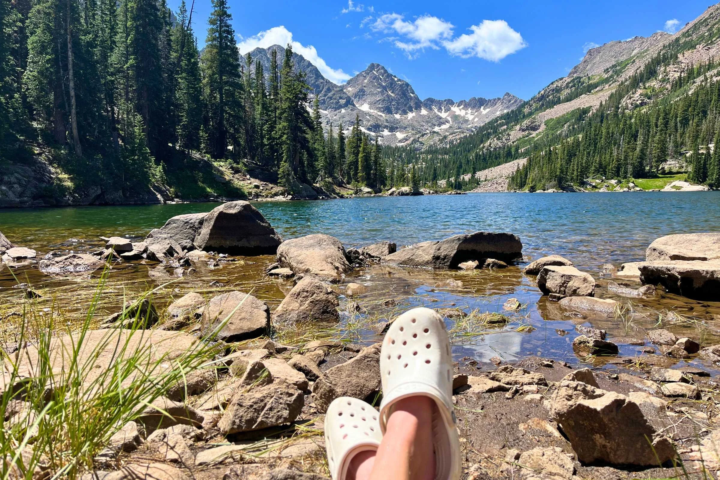   The author taking her Crocs Classics for a test drive on a backpacking trip in Colorado’s Gore Range.   Photo by Stasia Stockwell.  