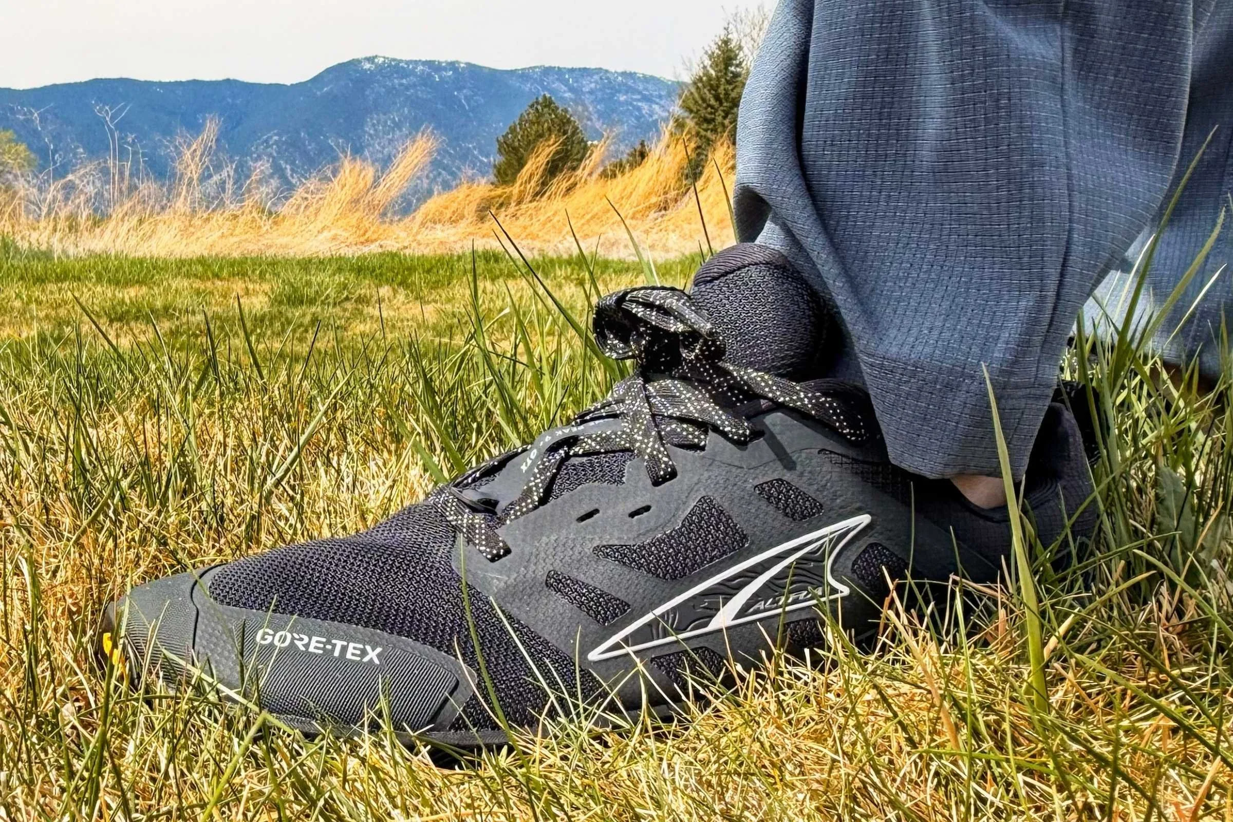   Side view of Altra Lone Peak 9+ trail running shoe in grassy field  