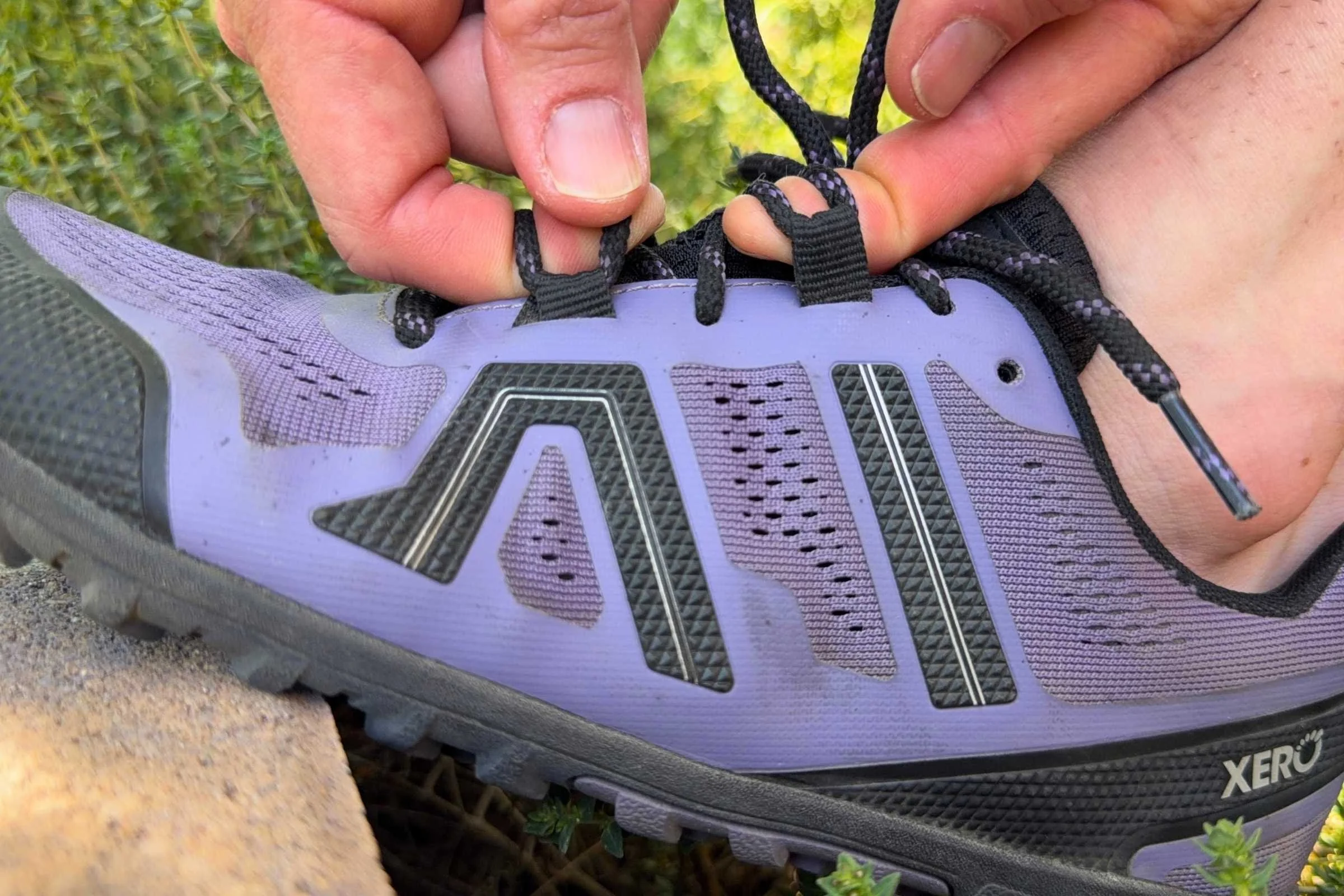   Close-up of Xero Shoes Mesa Trail II showing lacing system and upper  