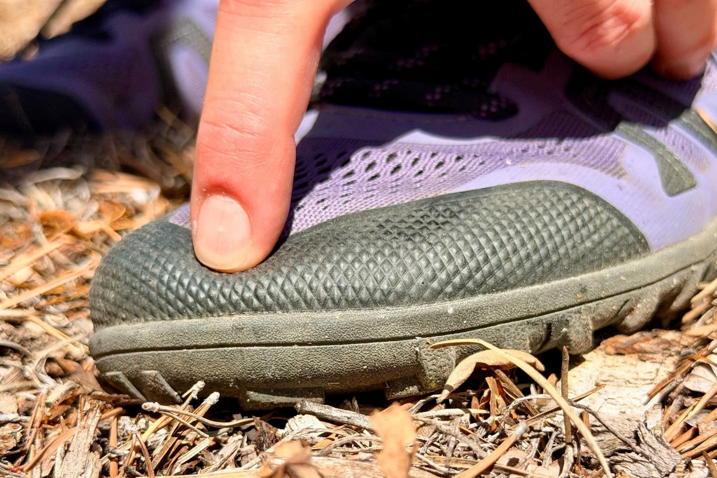   Flexible toe box of Xero Shoes Mesa Trail II shown during testing  