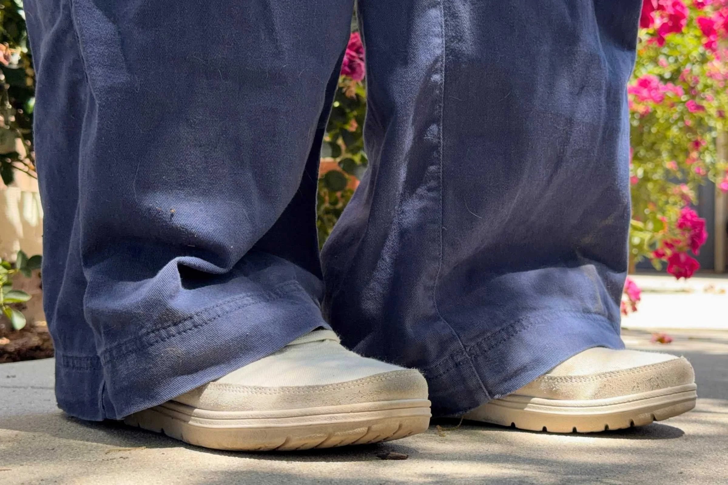   Person wearing Lems Chillum barefoot shoes with wide-leg pants  