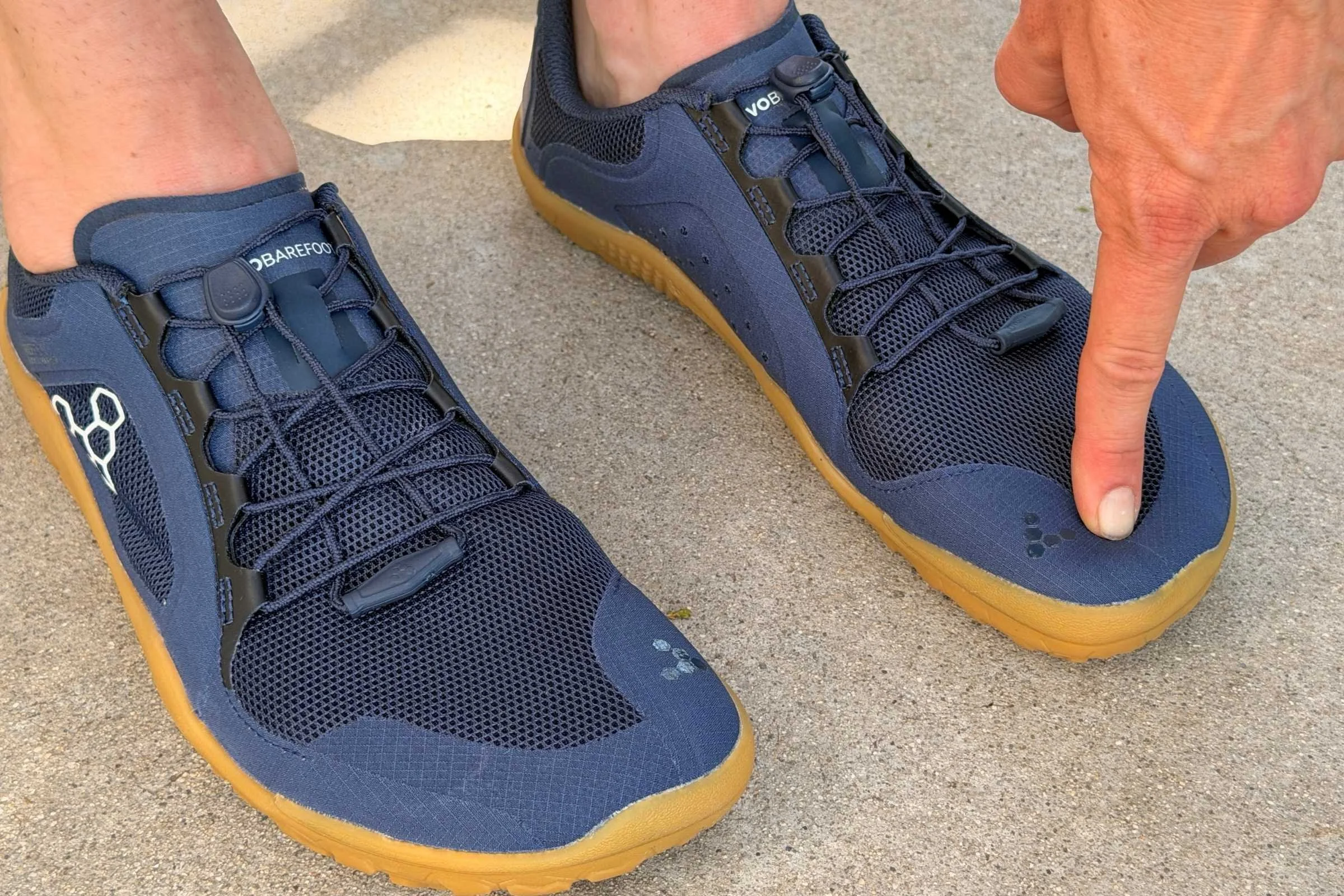   Vivobarefoot Primus Lite 3.5 showing where the end of my toe is, despite getting a half-size smaller than my usual size.   