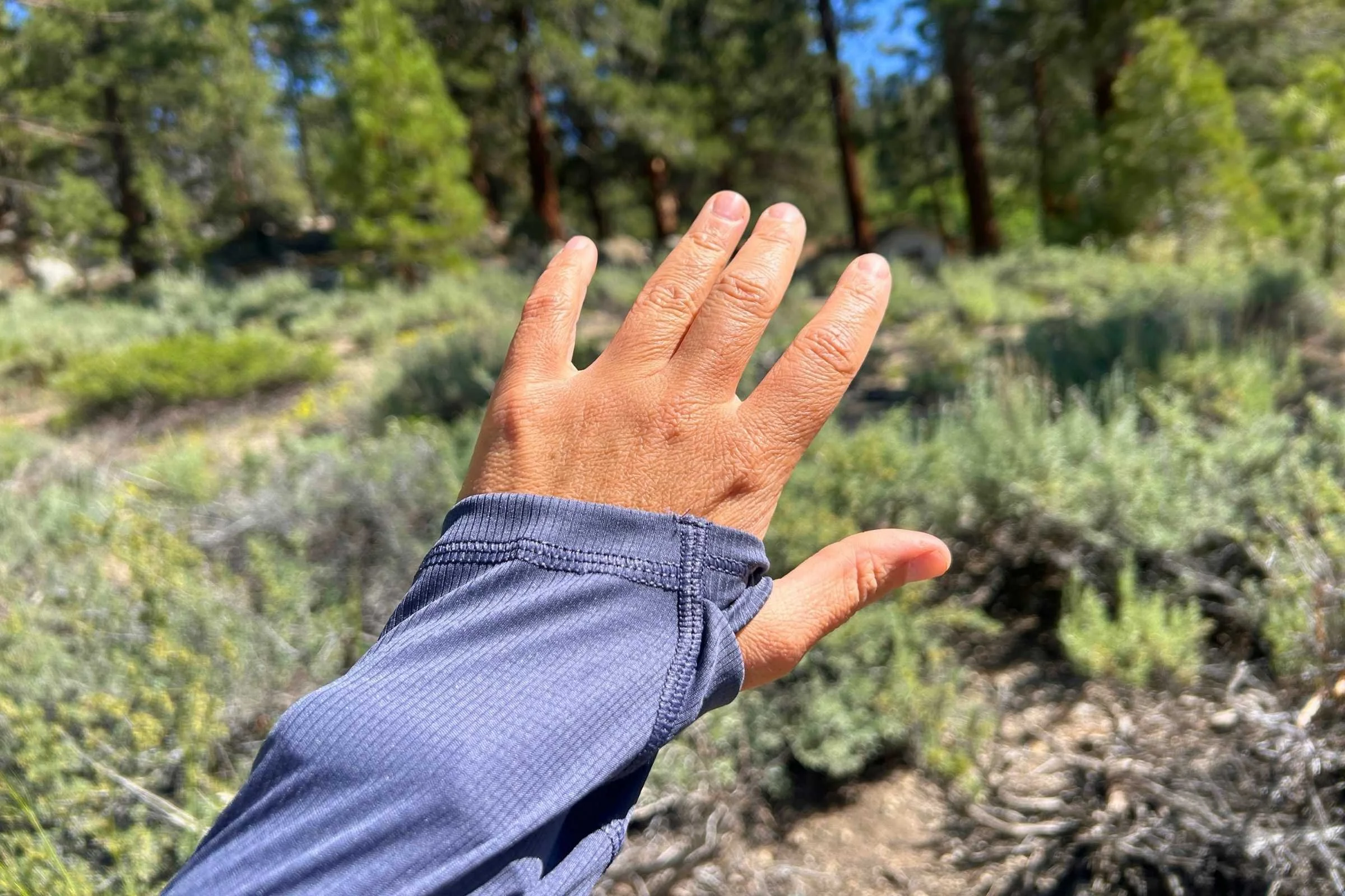   The thumb loop on the REI Flash Shade hoodie keeps fabric over the top of your wrists to protect them from UV exposure.  