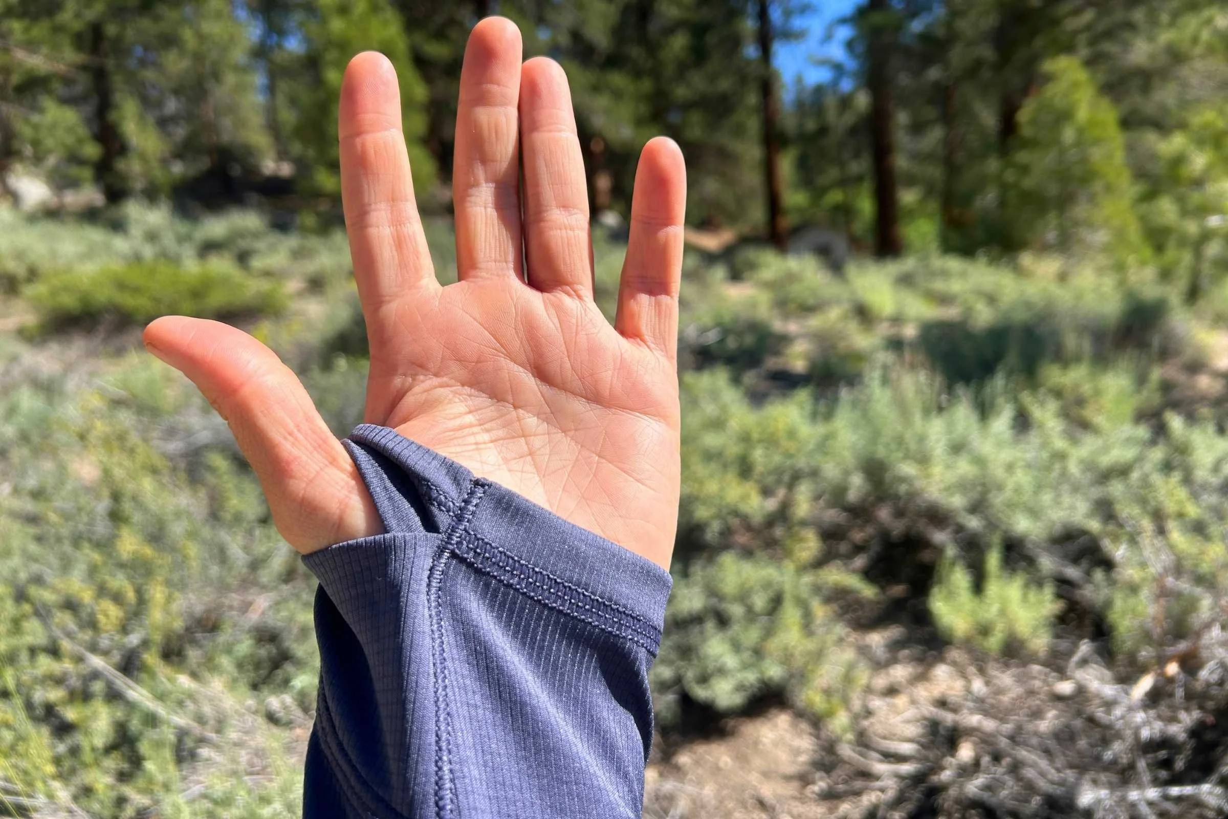   Bottom side of the thumb loop on the REI Flash Shade hoodie.  