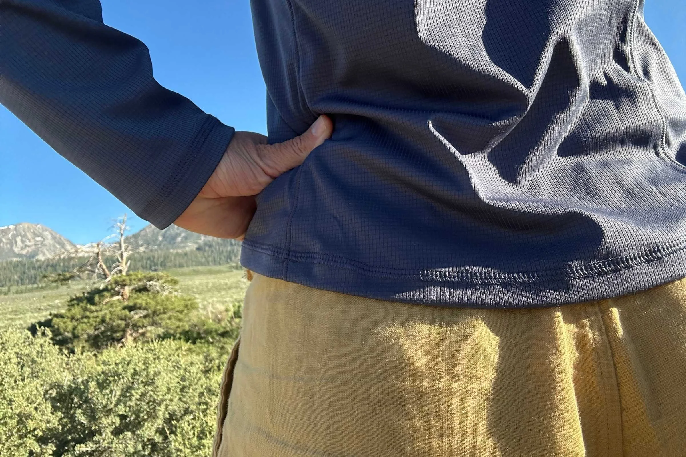   Back-view showing the length of the REI Flash hoodie.  