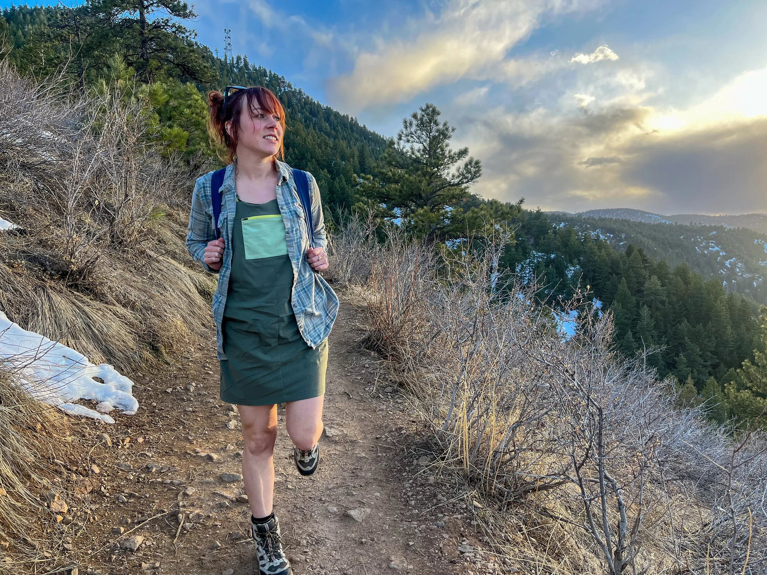   Hiking on a dirt trail in the Cotopaxi Tolima Overall Dress  