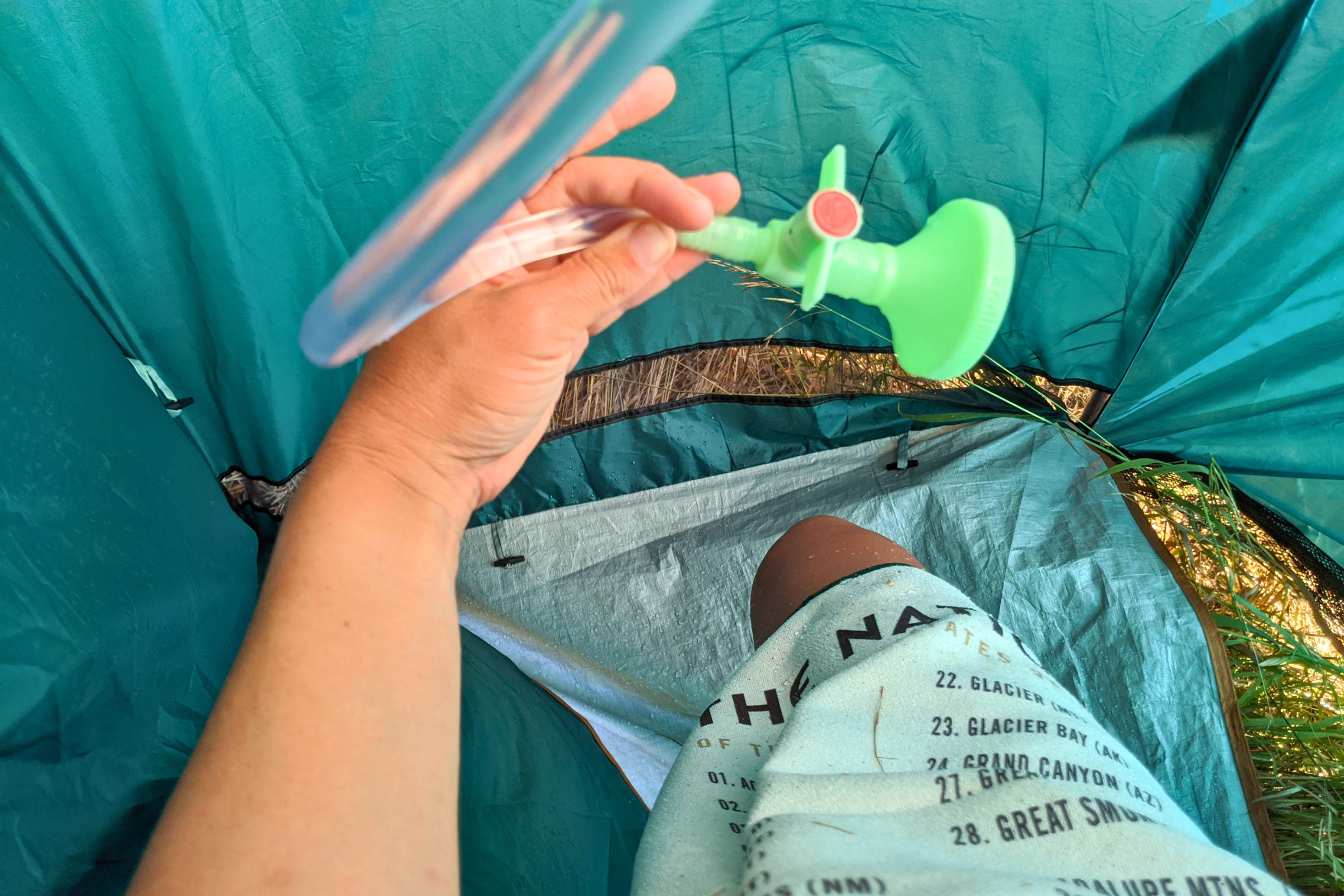   Enjoying a camp shower and using the Nomadix Original towel  