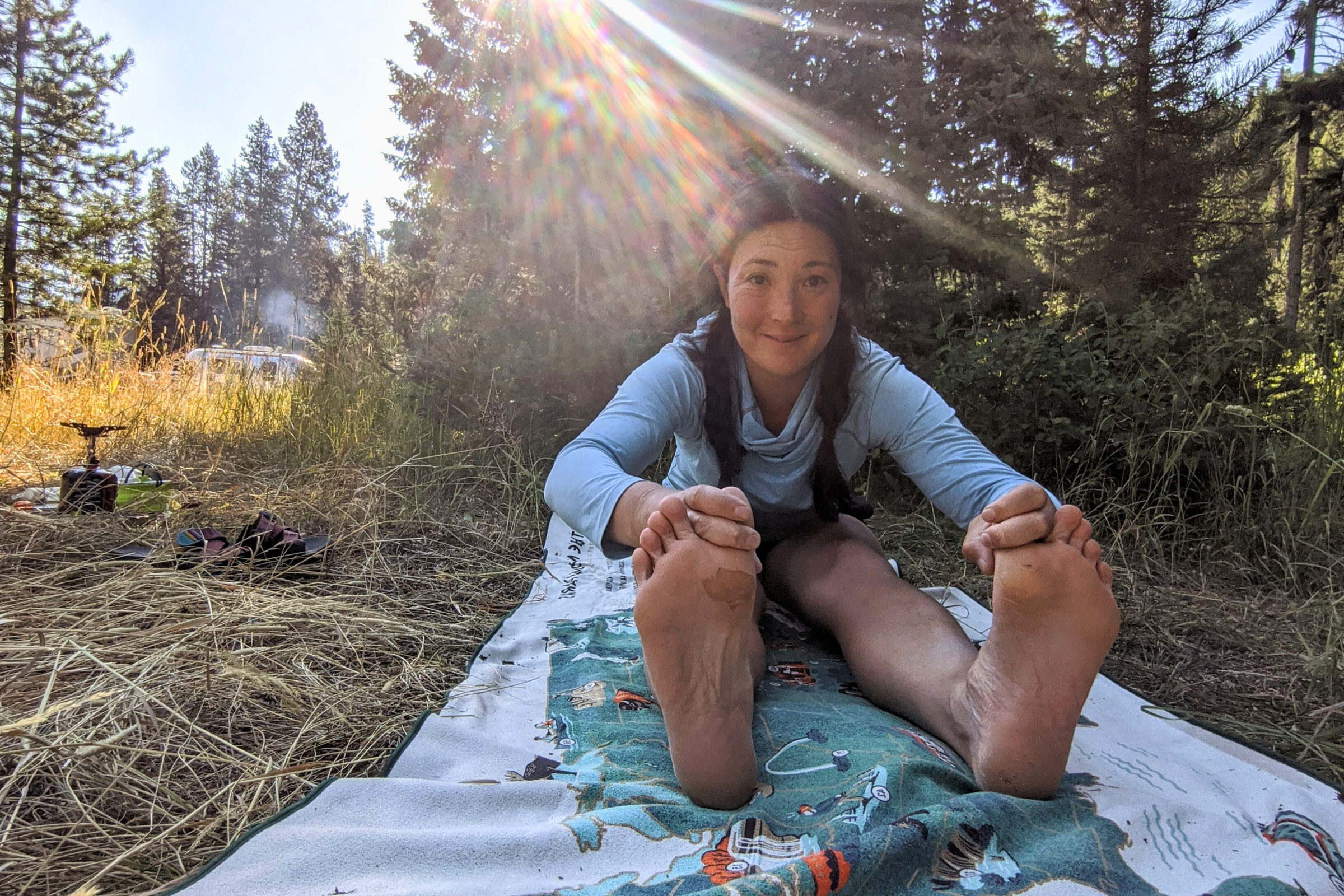  Doing some campsite yoga on the Nomadix Towel at a 4-day camping trip in Montana.  