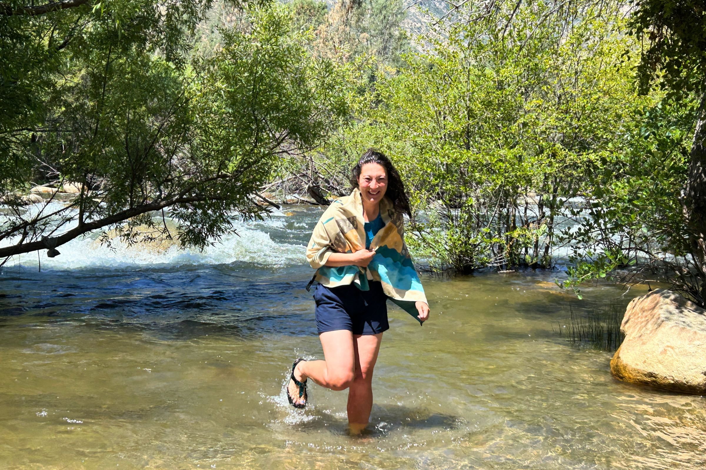   The author swimming in the Kern River using the PackTowl Personal to dry off.  