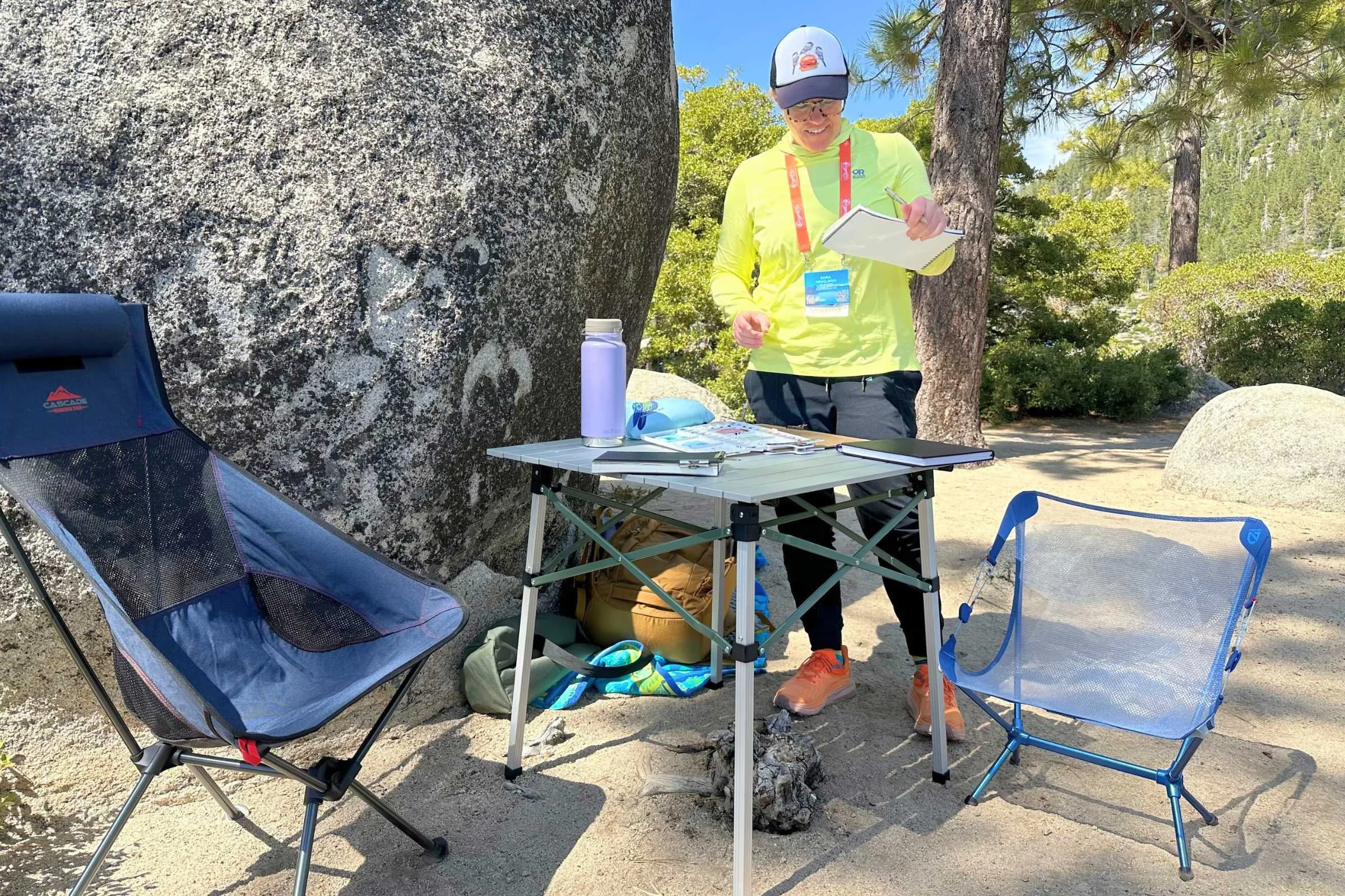   Treeline Review writer Sara Kruglinski   used the REI Camp Roll table at a weeklong outdoor plein air art festival in Tahoe, using it for everything from an art table during the day, to meal table at night, and to play cards in the evening.   Photo