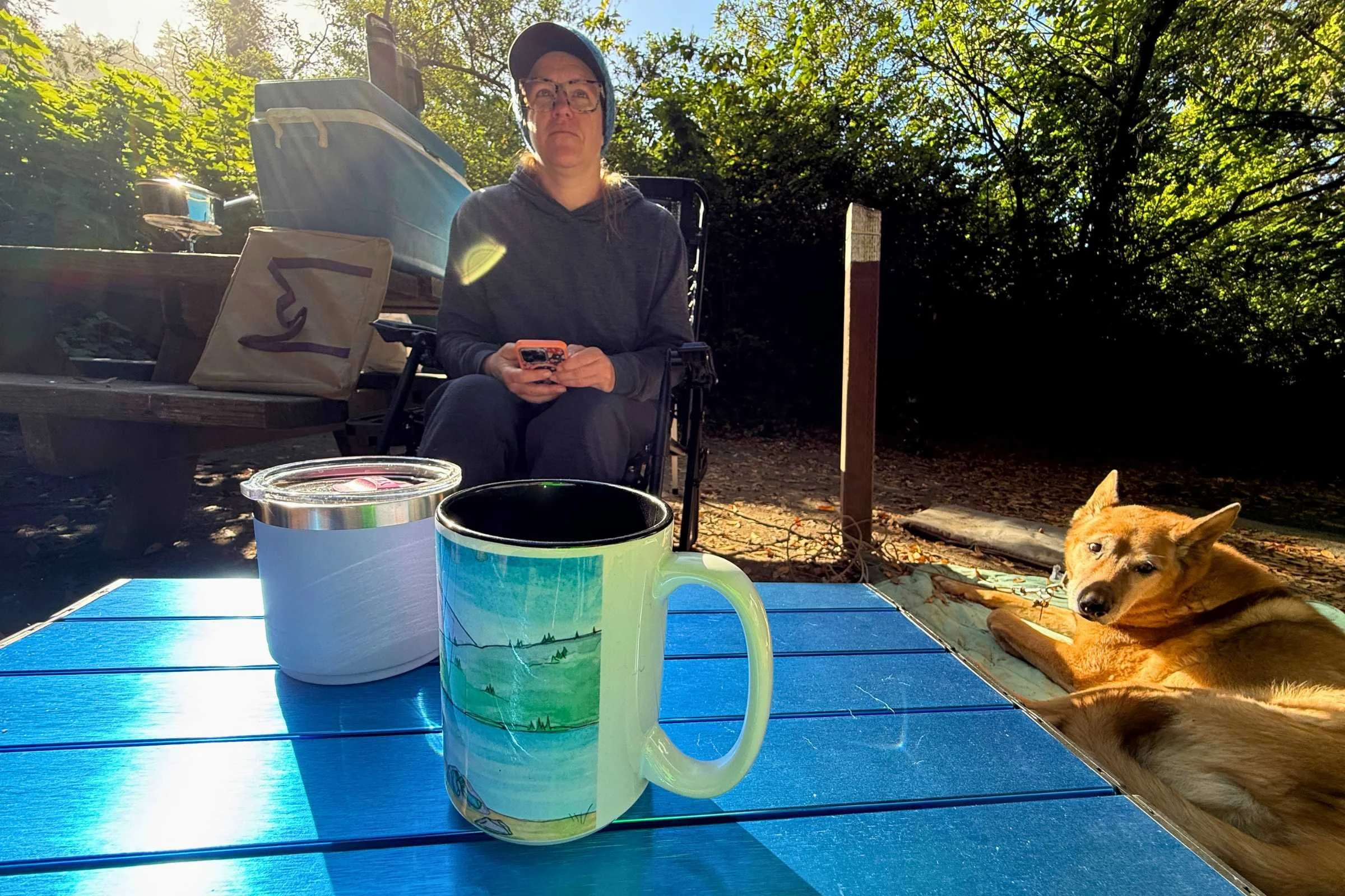   Rock Cloud Portable Camping Table used for coffee at a campsite  