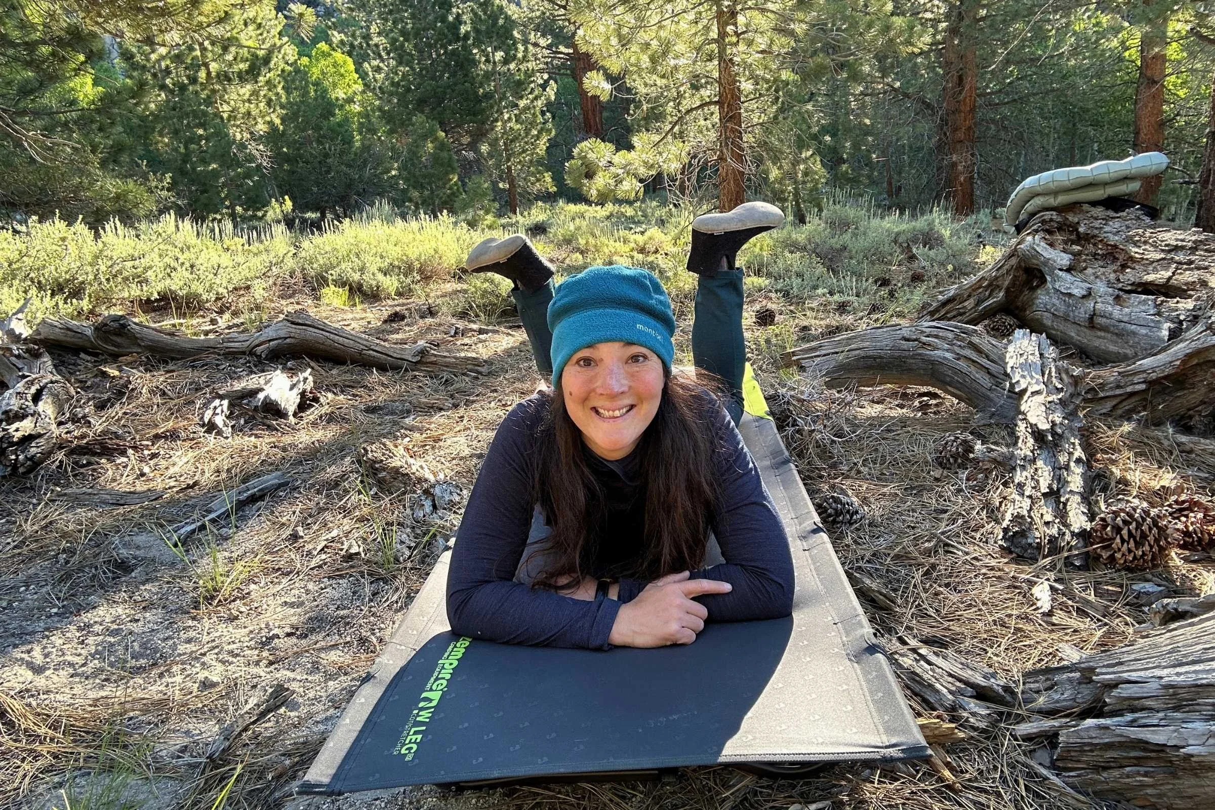  The author is lying on the Zempire W Leg Stretcher V2 camping cot. 