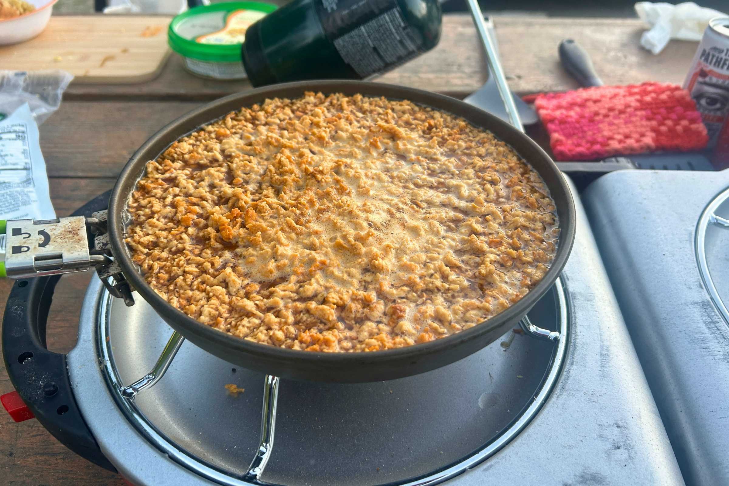   Cooking a skillet meal in a larger skillet is easy and doable using the Coleman Fold 'n' Go 2 burner stove,  
