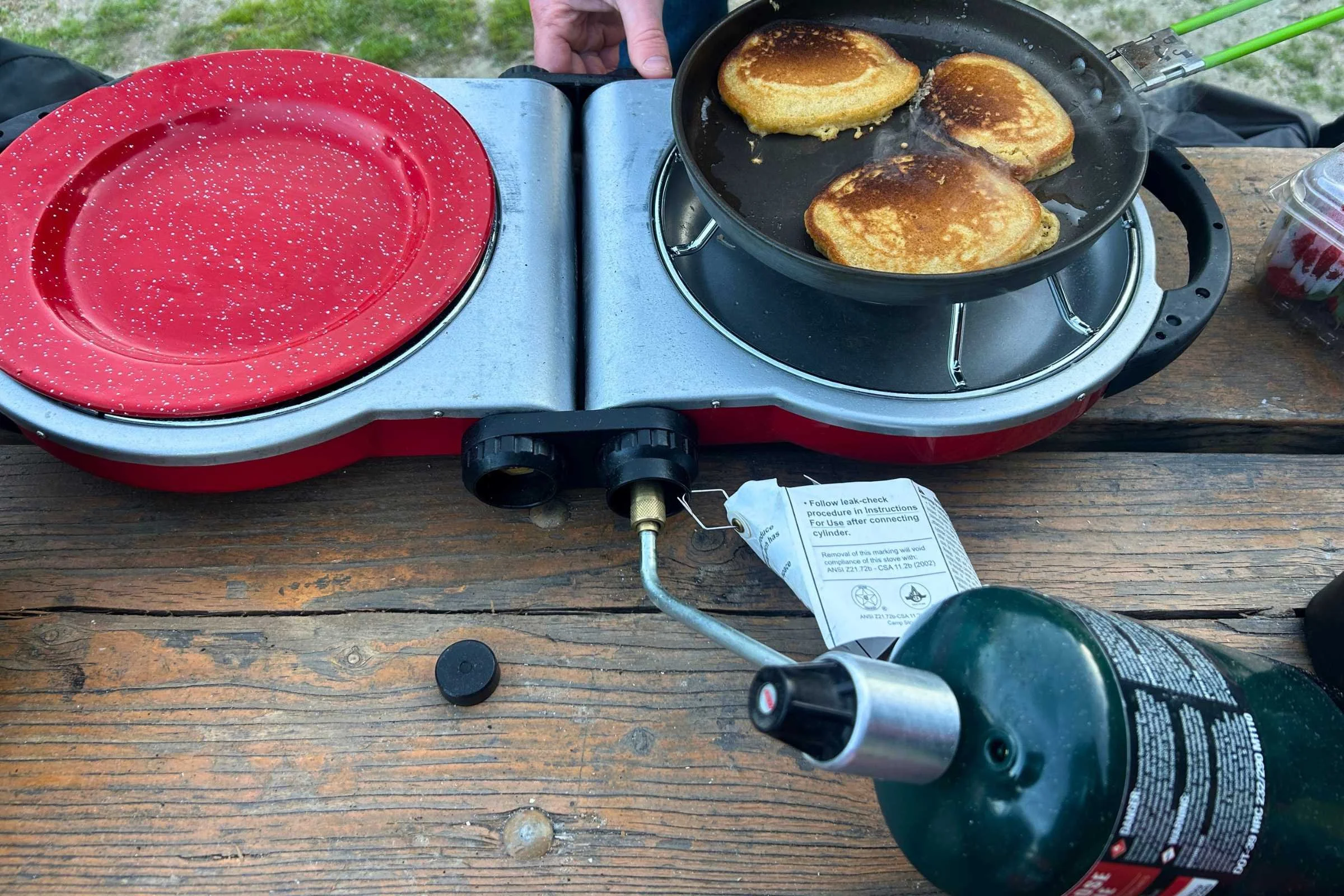   The Coleman Fold 'n' Go 2 burner stove is great for cooking up pancakes at camp.  