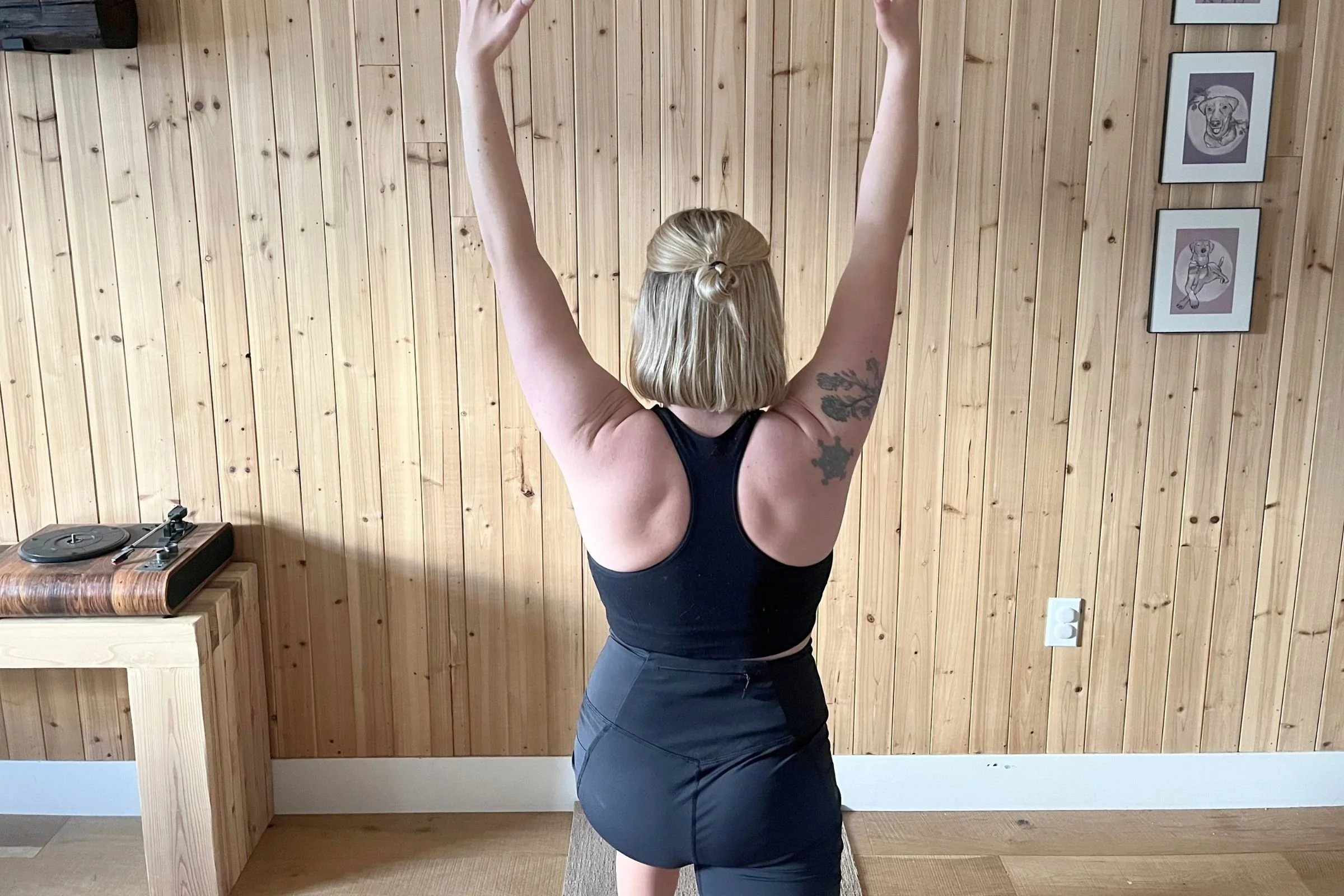   Back view of the Ridge Send-It Seamless Racerback Sports Bra during yoga.  