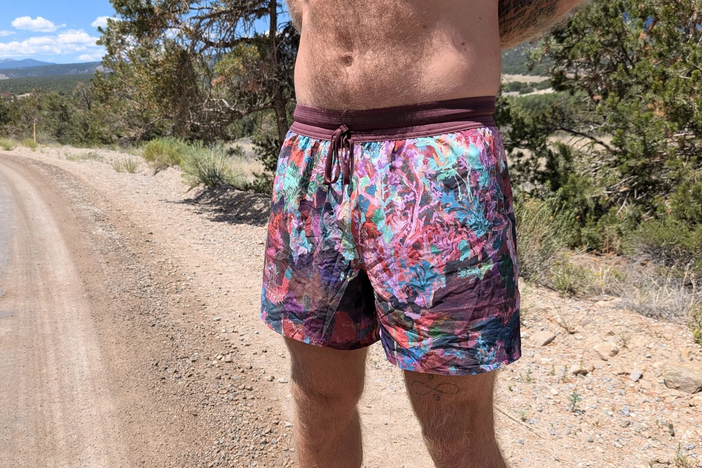   A closeup of the pattern and waistband on the Janji AFO Middle shorts       