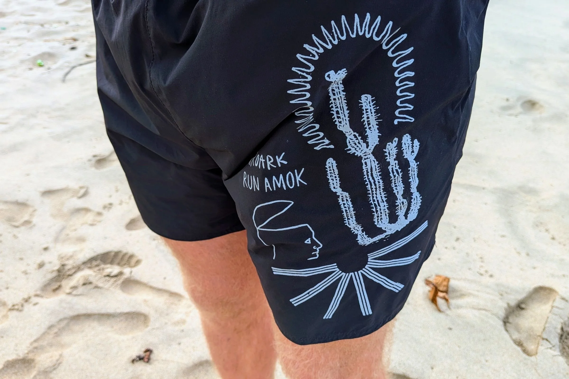   A closeup of the design on the left thigh of the Roark Alta shorts  