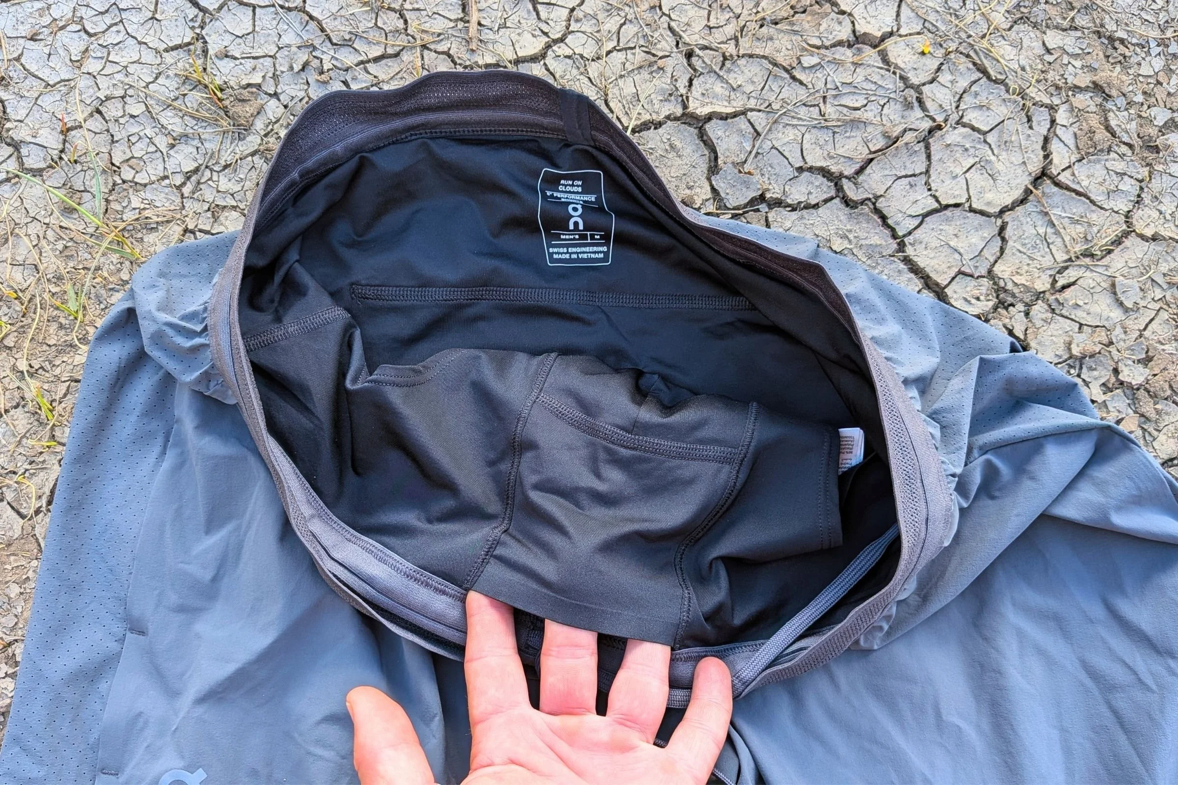   A closeup of the inner pocket on the On Performance shorts, which is oddly placed just above the crotch.  