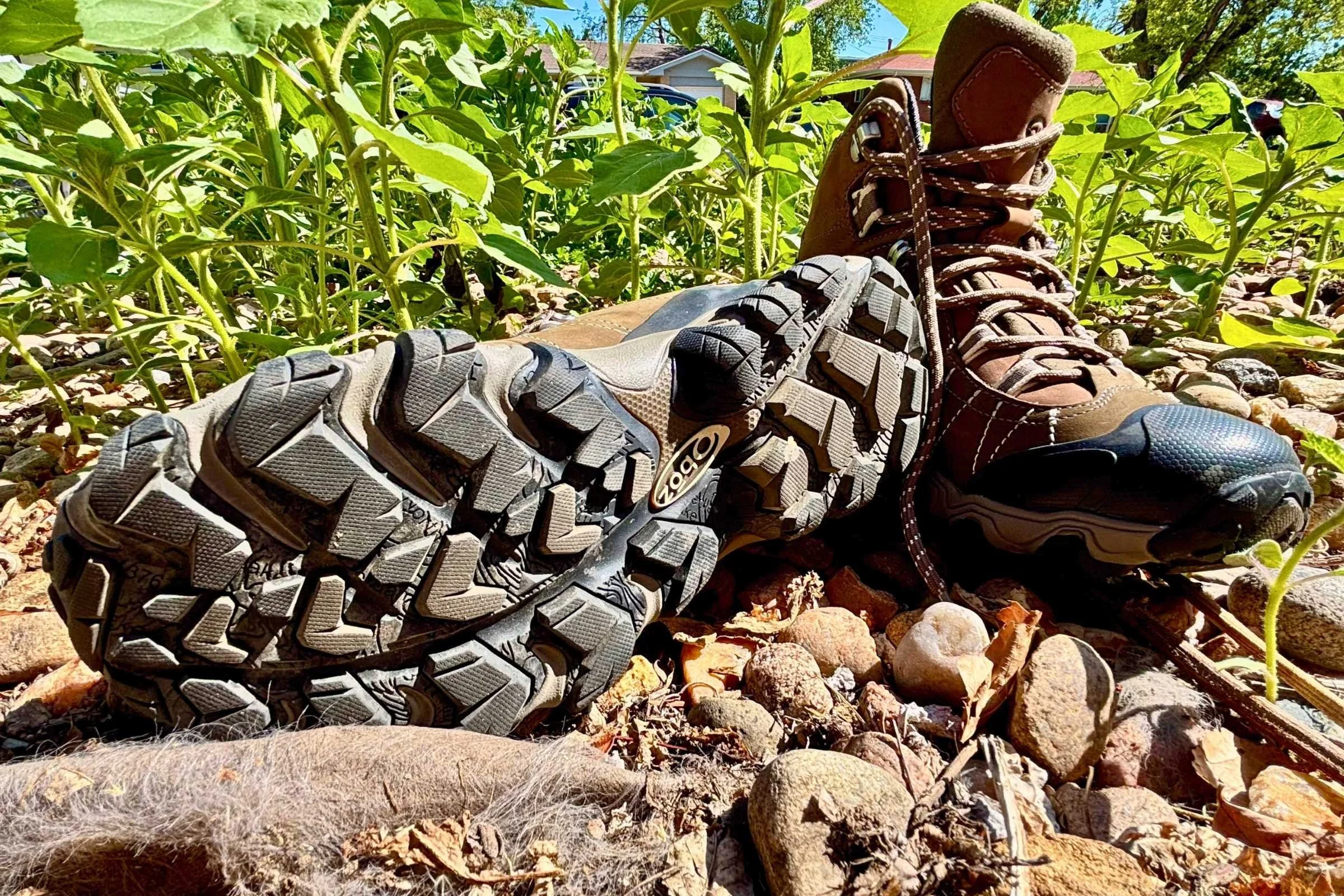  The Oboz Bridger Mid Waterproof boots show off their rugged Granite Peak rubber outsoles, built for grip on uneven terrain.  