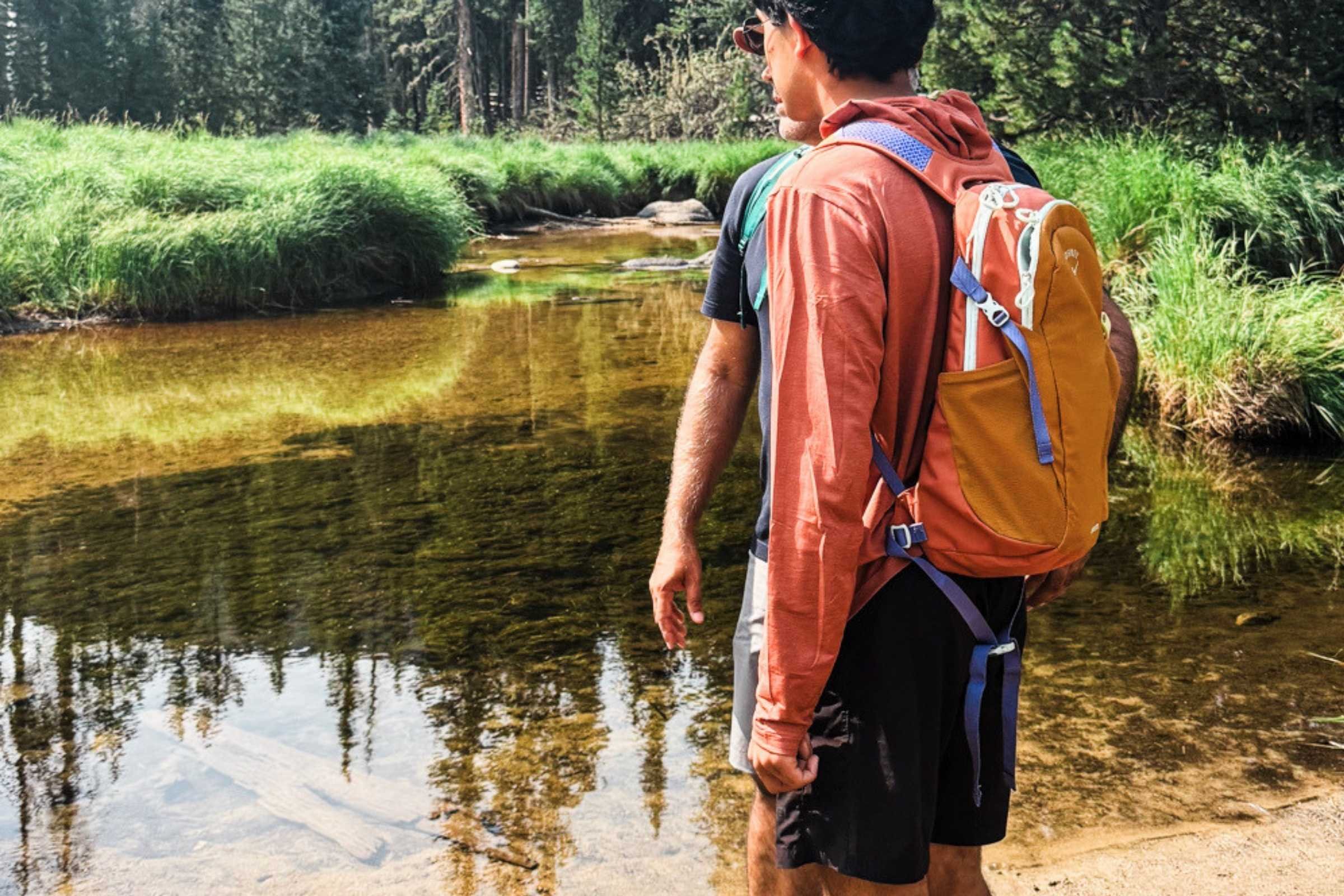   The Osprey Daylite carries comfortably on the trail, with its ventilated mesh back panel and padded shoulder straps visible in use.  