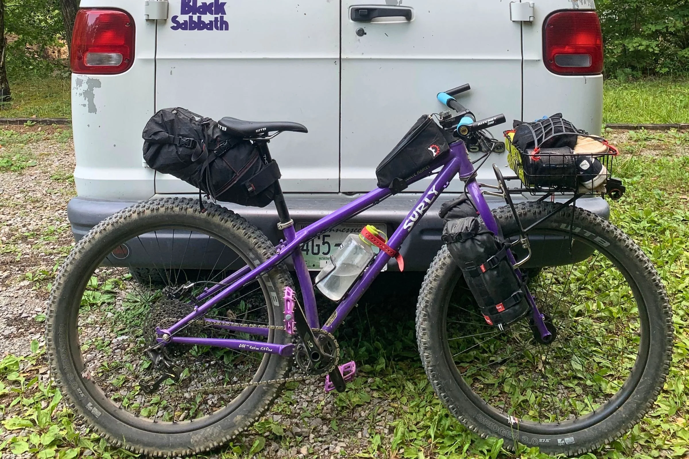   The Surly Karate Monkey can handle singletrack comfortably and fully loaded with bags.   Photo by Andrew Gage.  