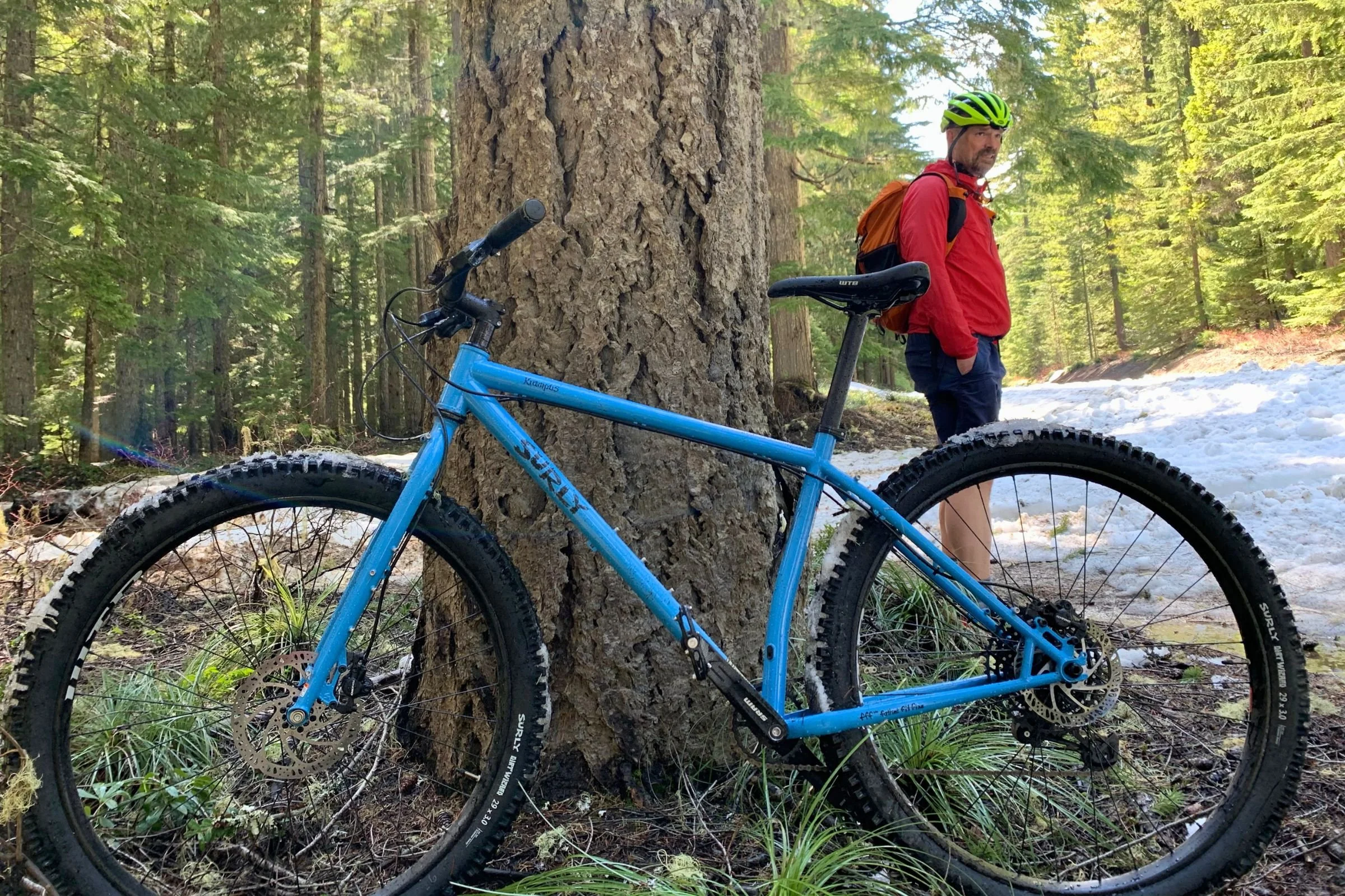   Treeline writer Mike Unger testing the Surly Krampus in the Gifford Pinchot National Forest, still partially under snow.  